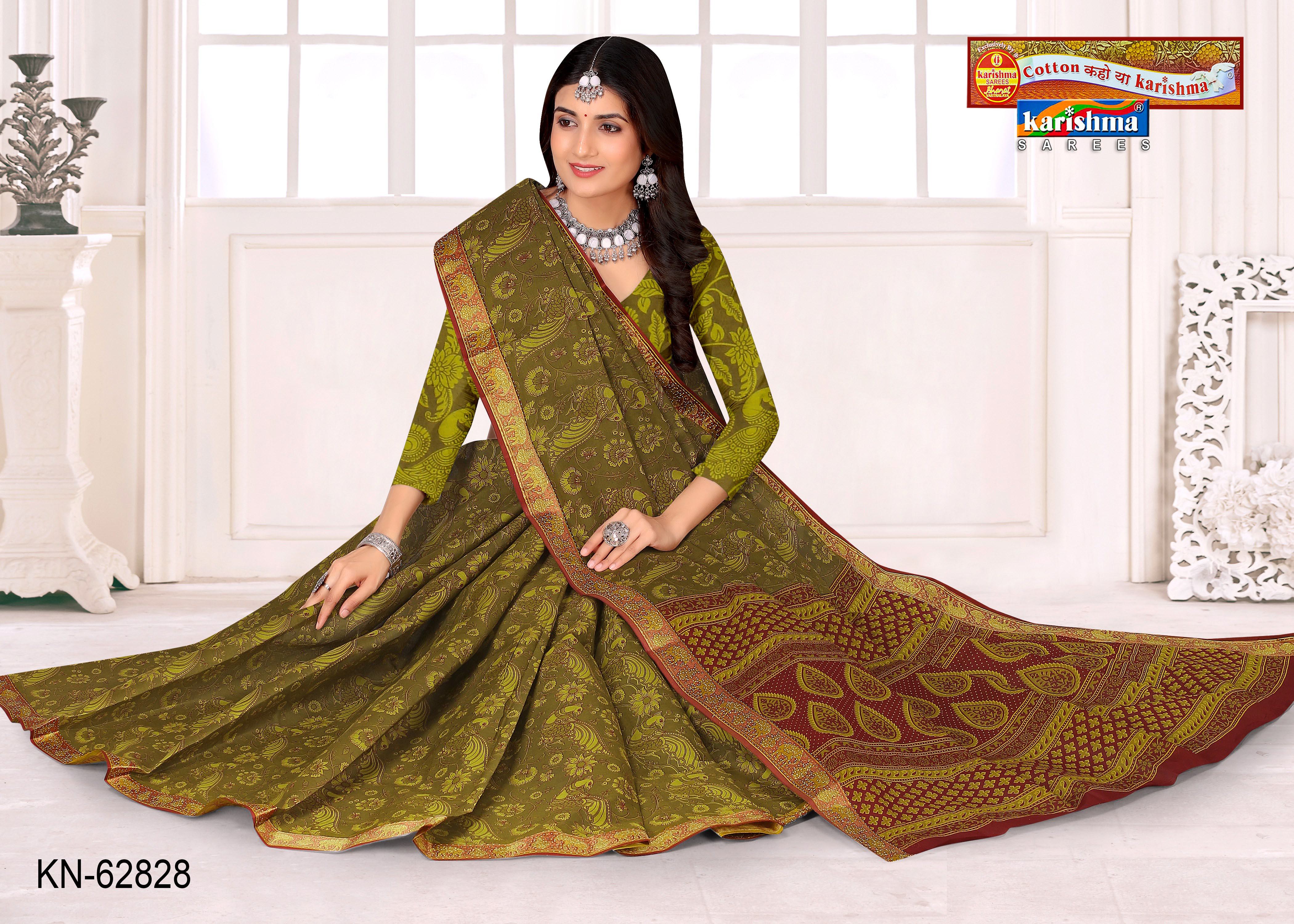 Olive Pure Cotton Mulmul (Stiff) Saree With Kalamkari Print