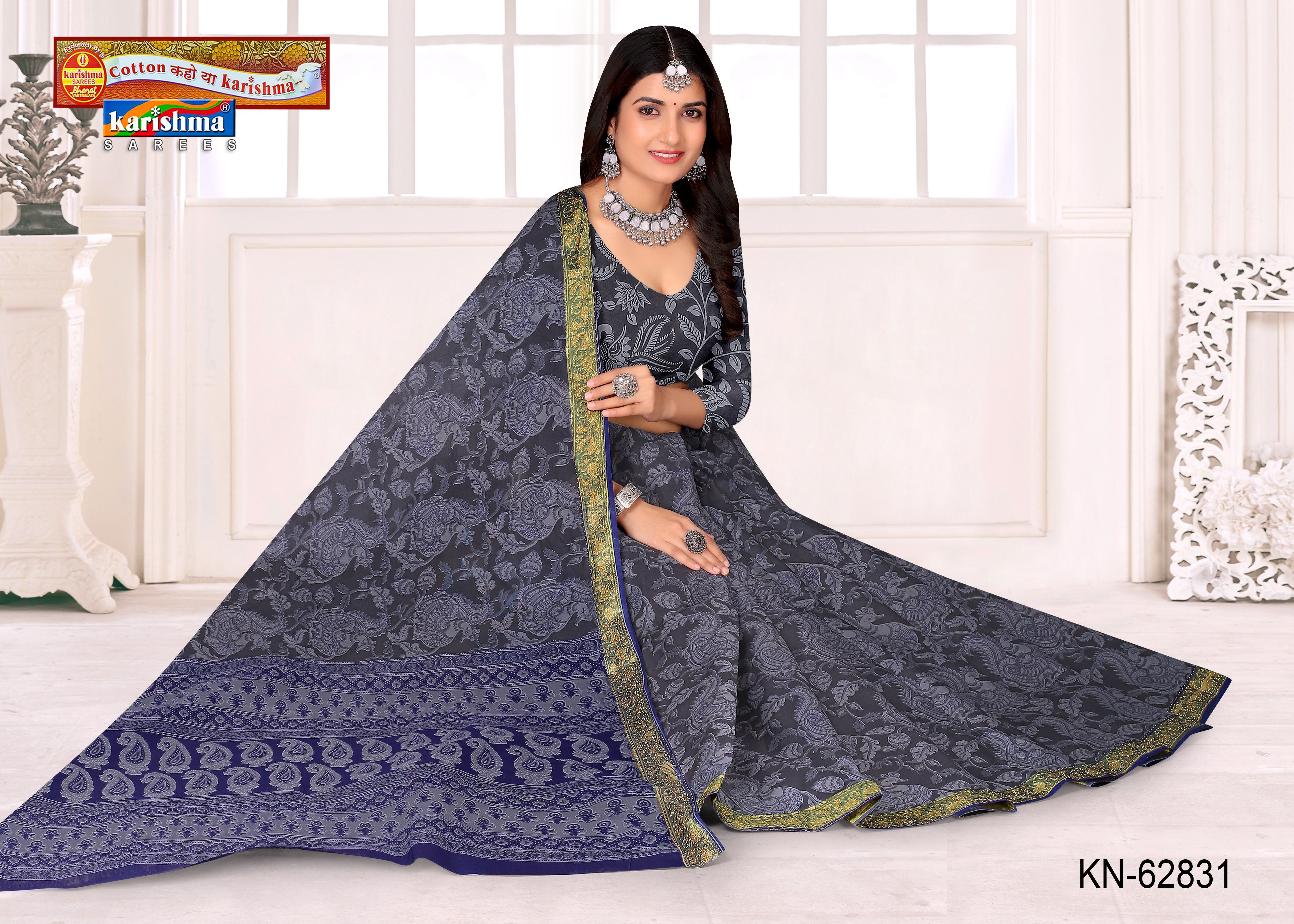 Grey Pure Cotton Mulmul (Stiff) Saree With Kalamkari Print
