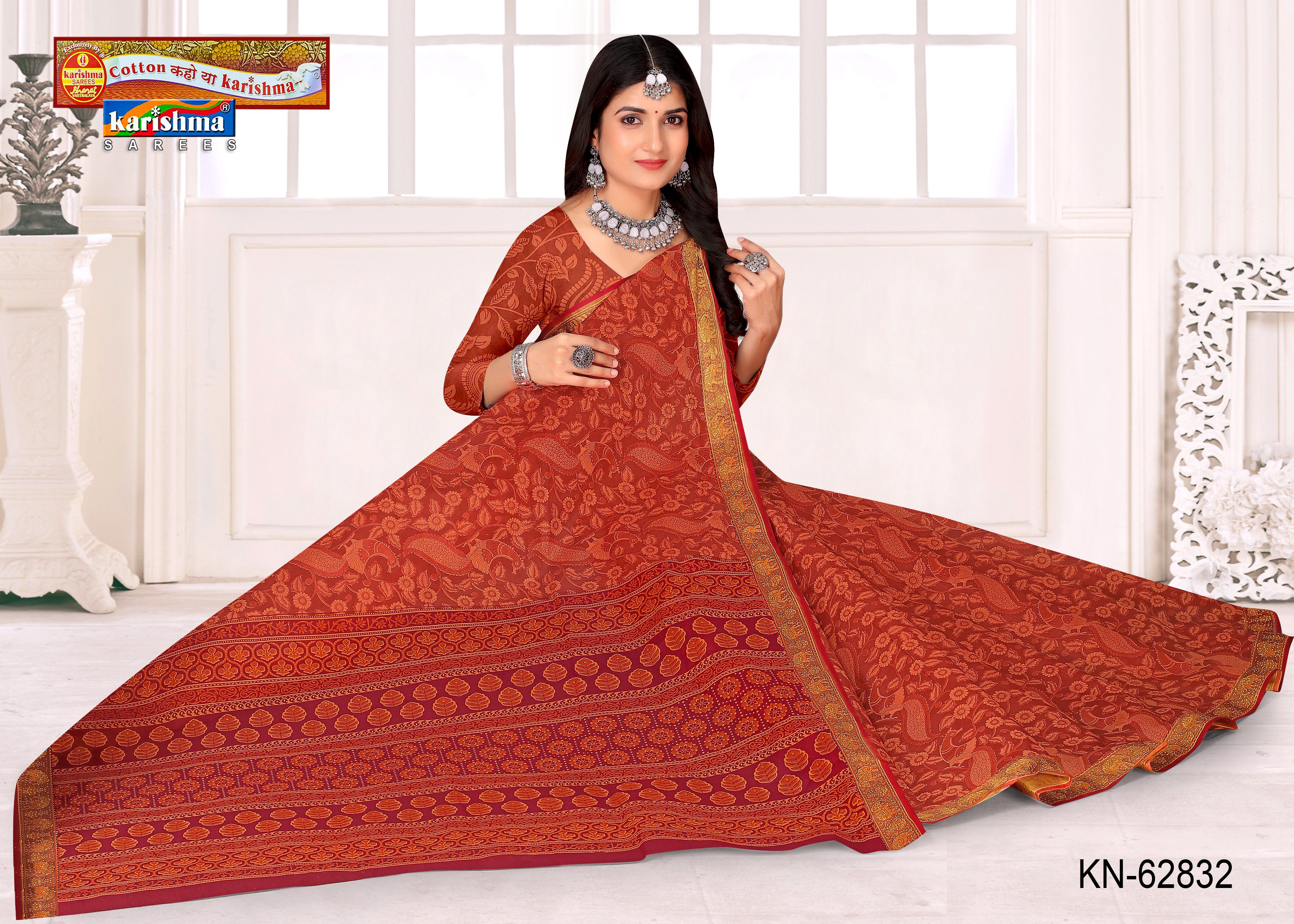 Orange Pure Cotton Mulmul (Stiff) Saree With Kalamkari Print