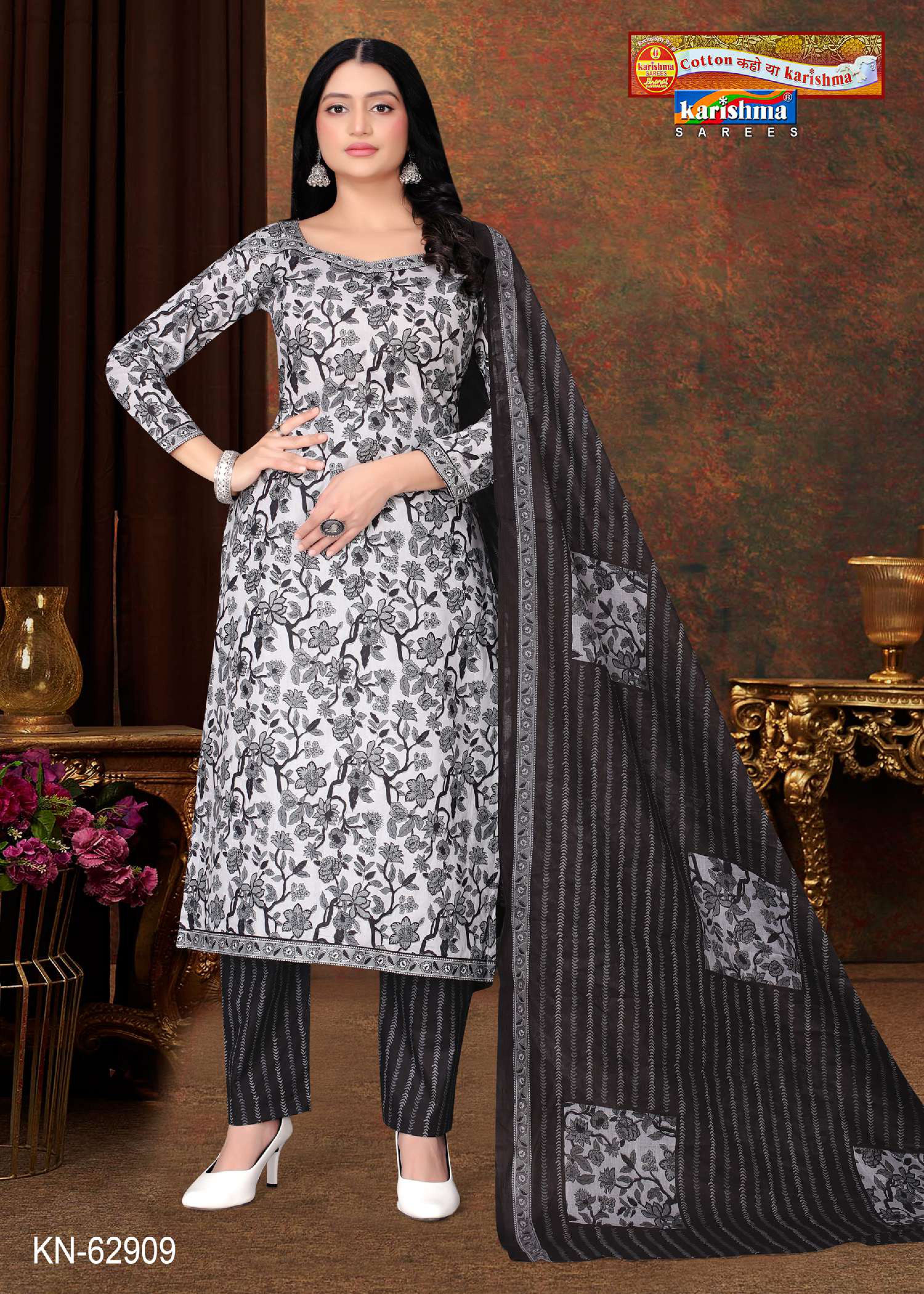 Grey Pure Cotton Unstitched Dress Material With Beautifull Modern Design