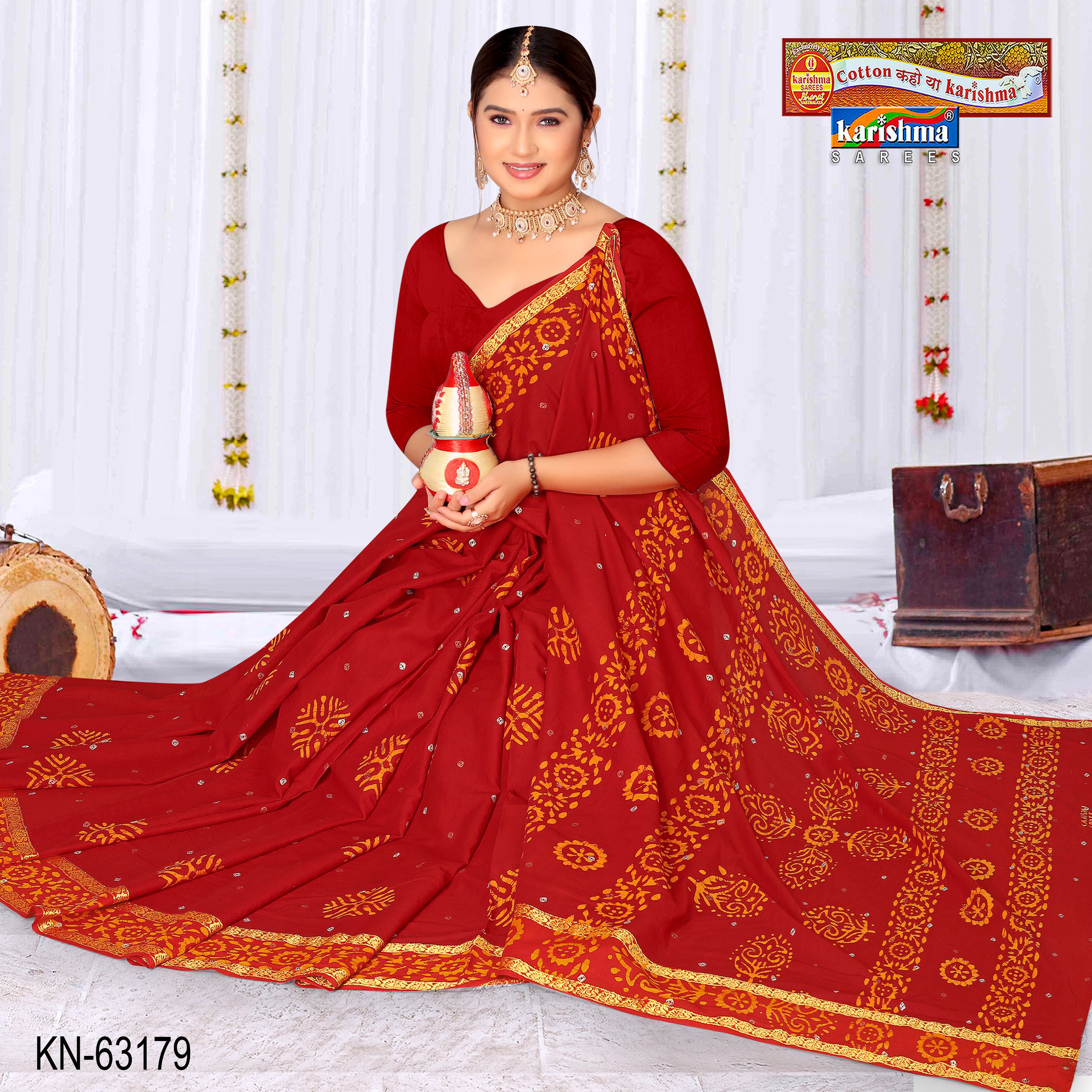 Red Pure Cotton Malai (Soft) Saree With Batik And Bandhani Design And Delicate Peacock Border