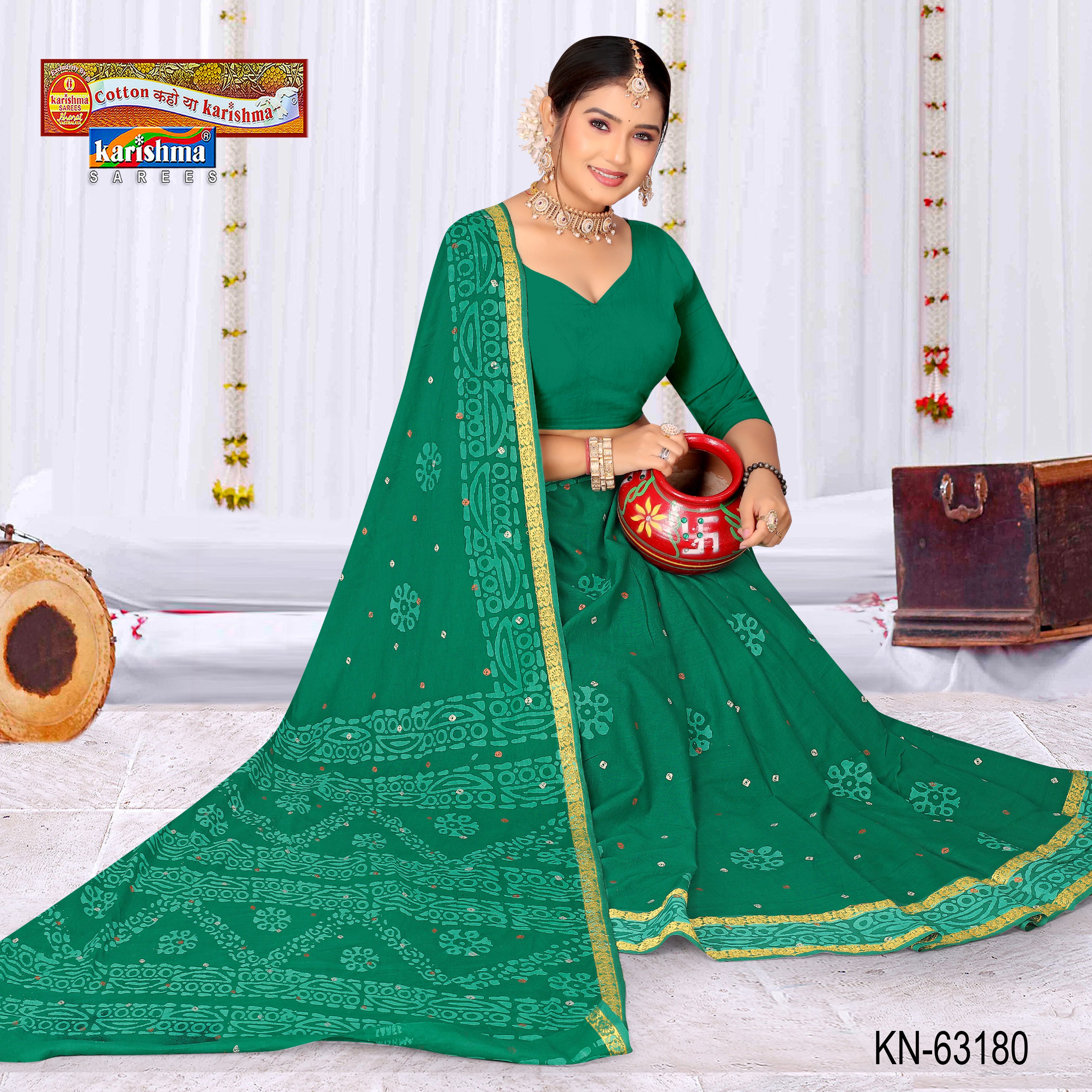 Green Pure Cotton Malai (Soft) Saree With Batik And Bandhani Design And Delicate Peacock Border