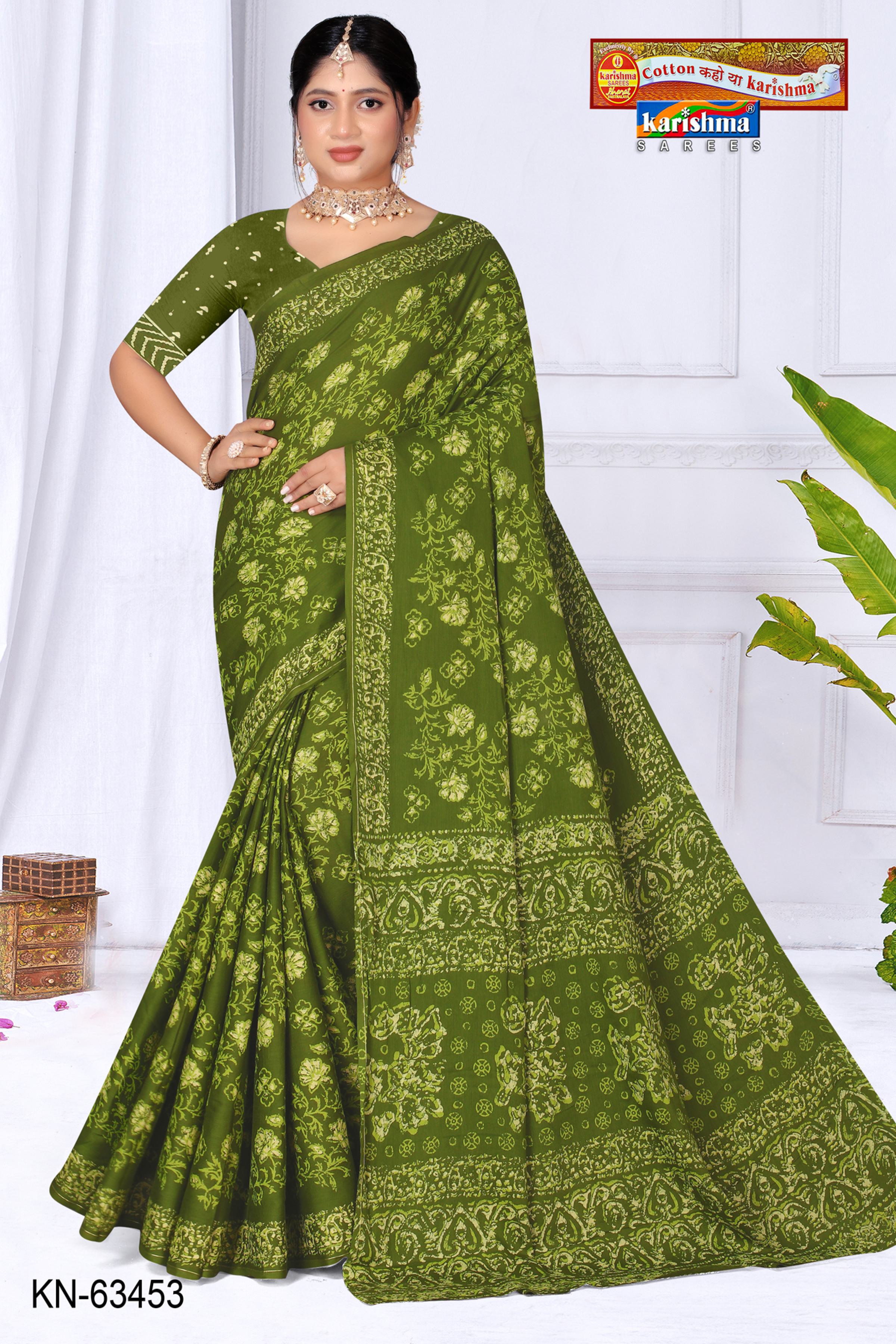Olive Pure Cotton Malai (Soft) Saree With Batik Print And Simple Border