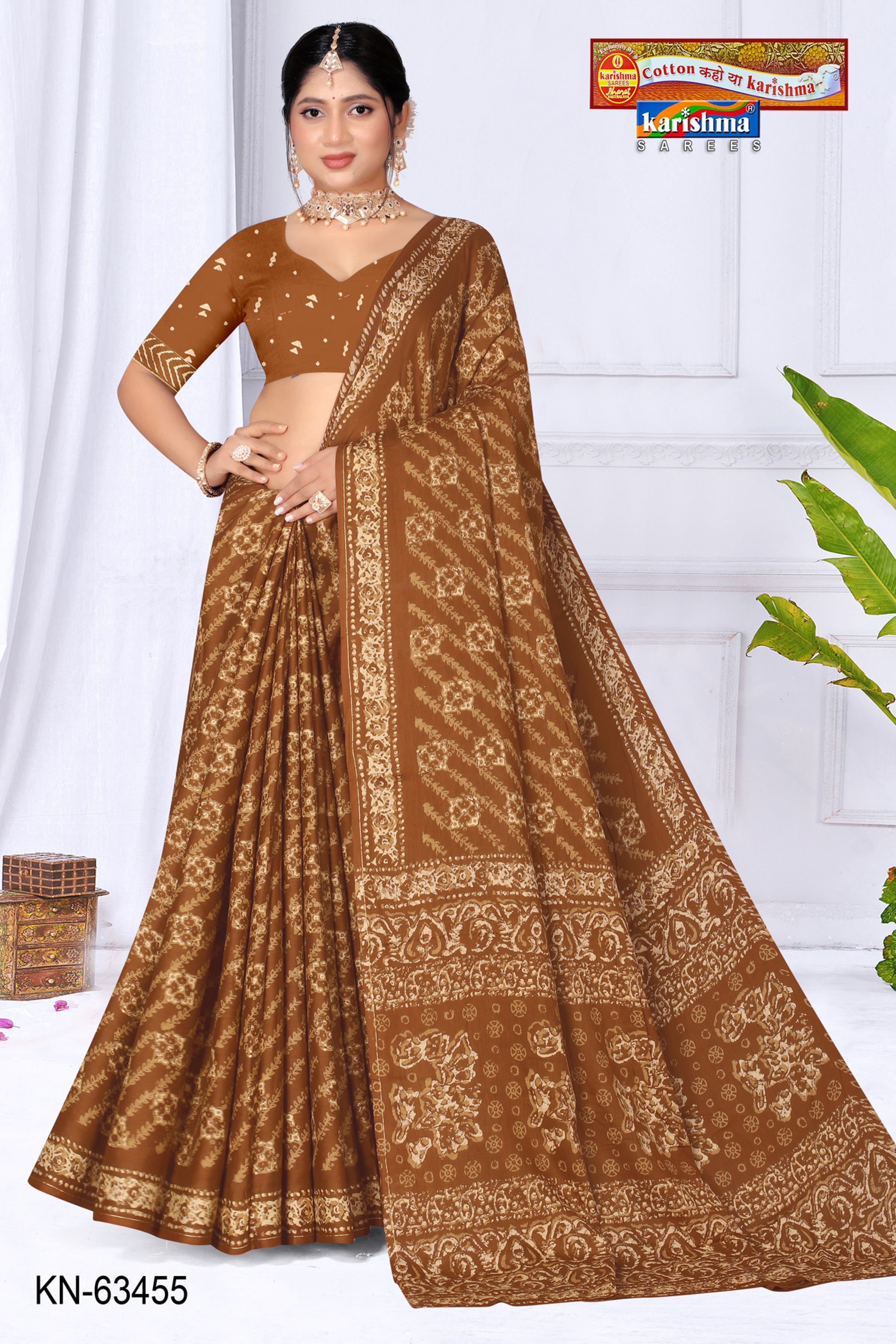 Coffee Brown Pure Cotton Malai (Soft) Saree With Batik Print And Simple Border