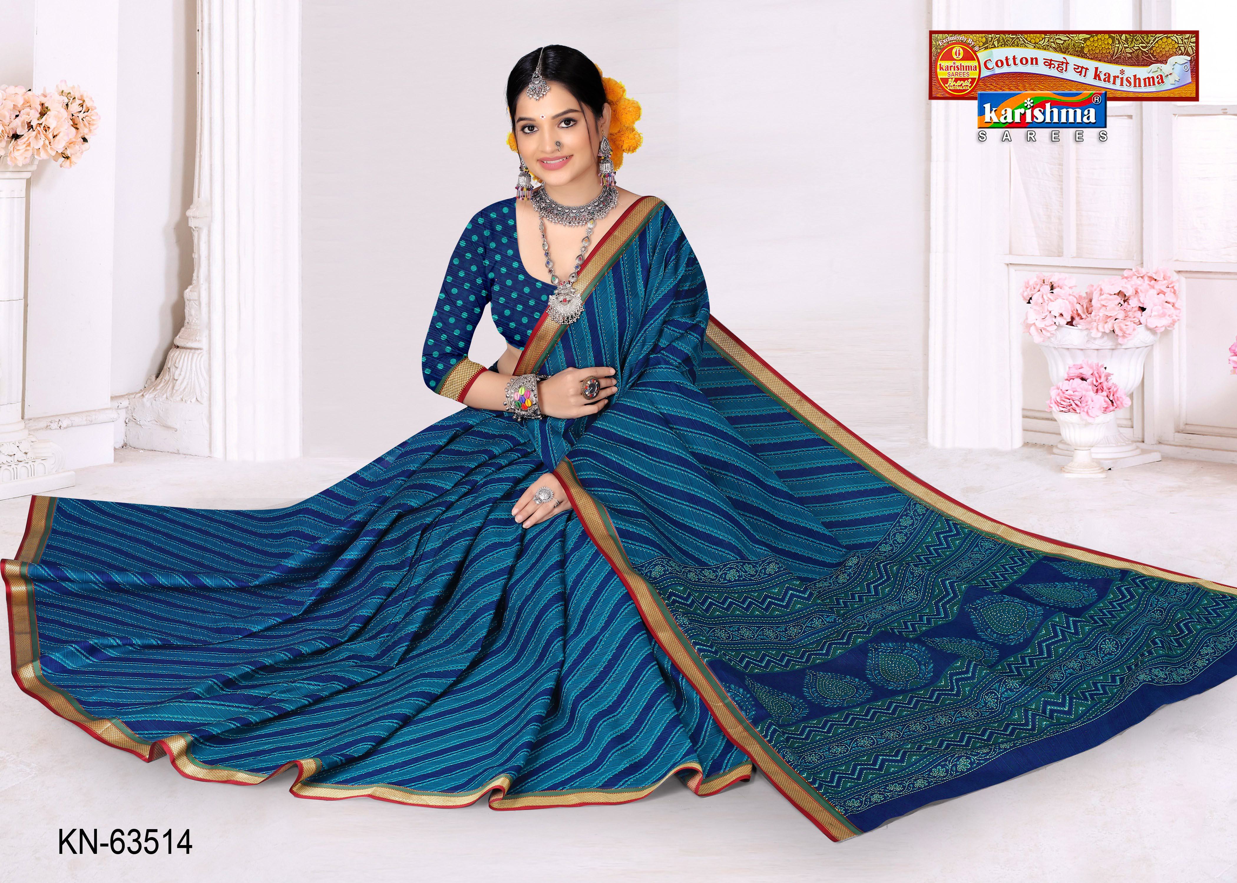 Blue Pure Cotton Muslin (Soft) Saree With Leheriya Design And Golden Border