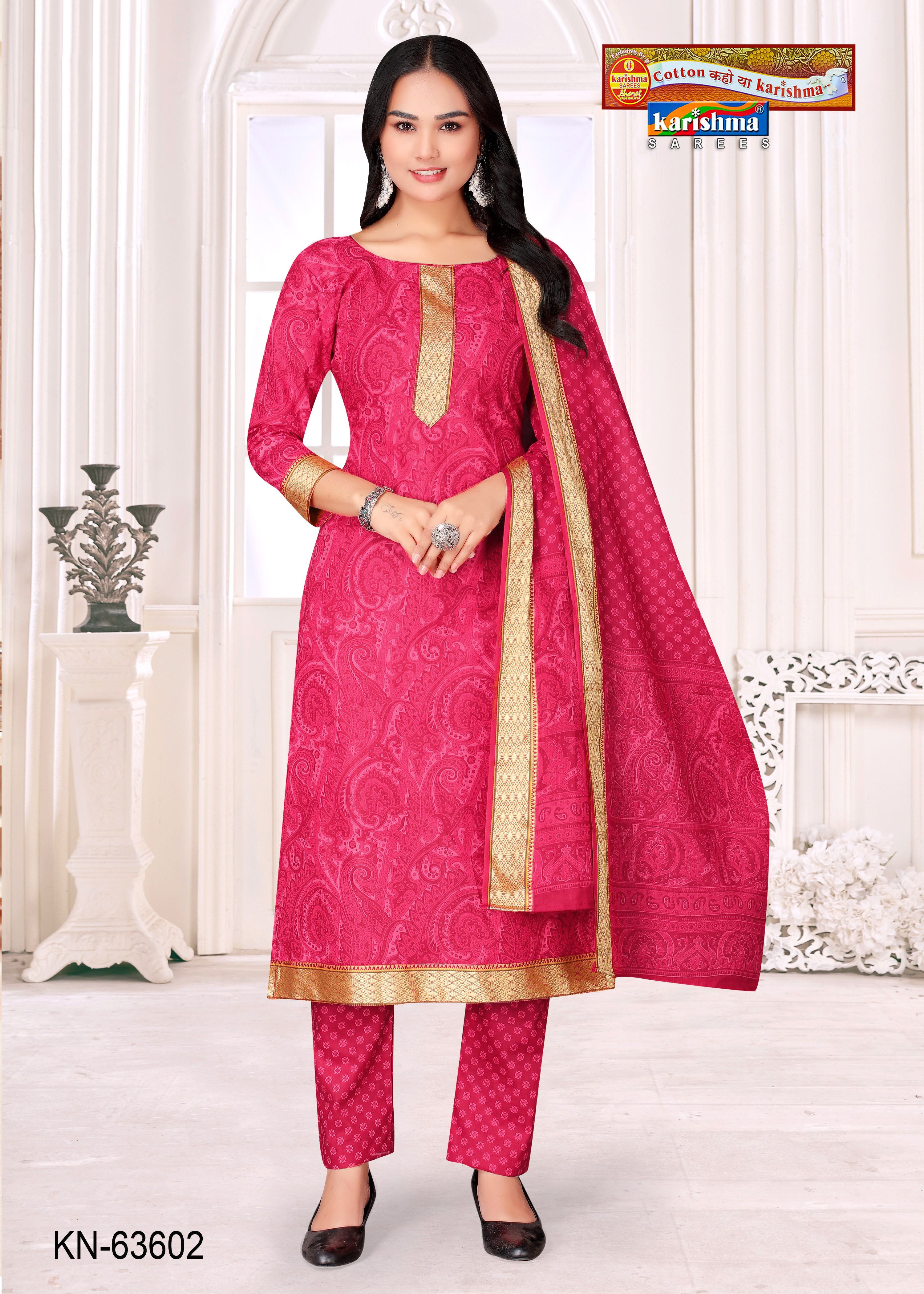 Peach  Pure Cotton Unstitched Dress Material With Traditional Print And Beautiful Golden Border