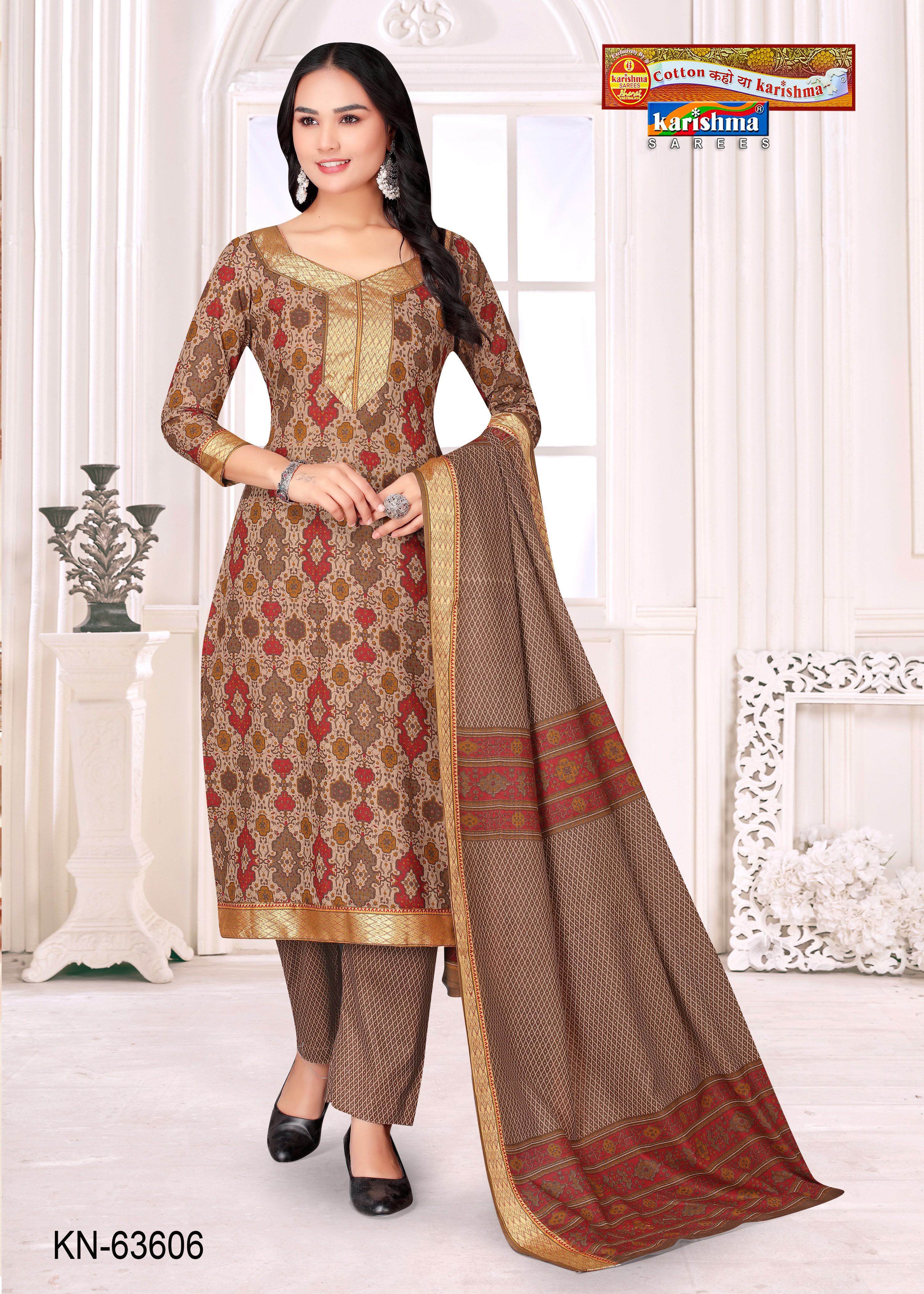 Brown Pure Cotton Unstitched Dress Material With Traditional Print And Beautiful Golden Border