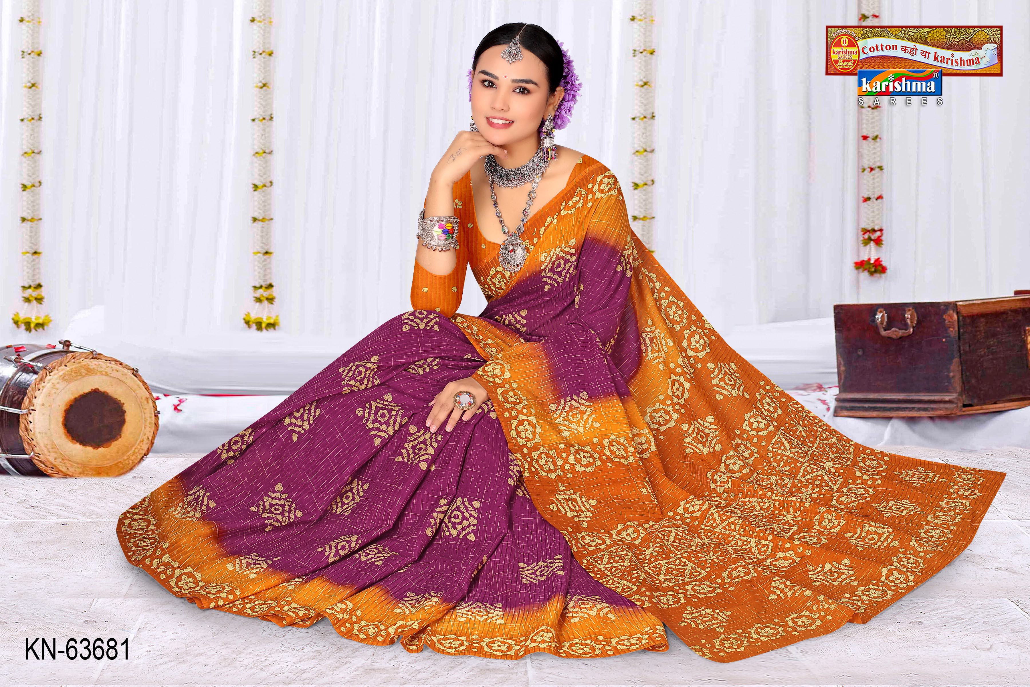 Purple And Yellow Pure Cotton Malai (Soft) Saree With Batik Print And Tie Die Effect