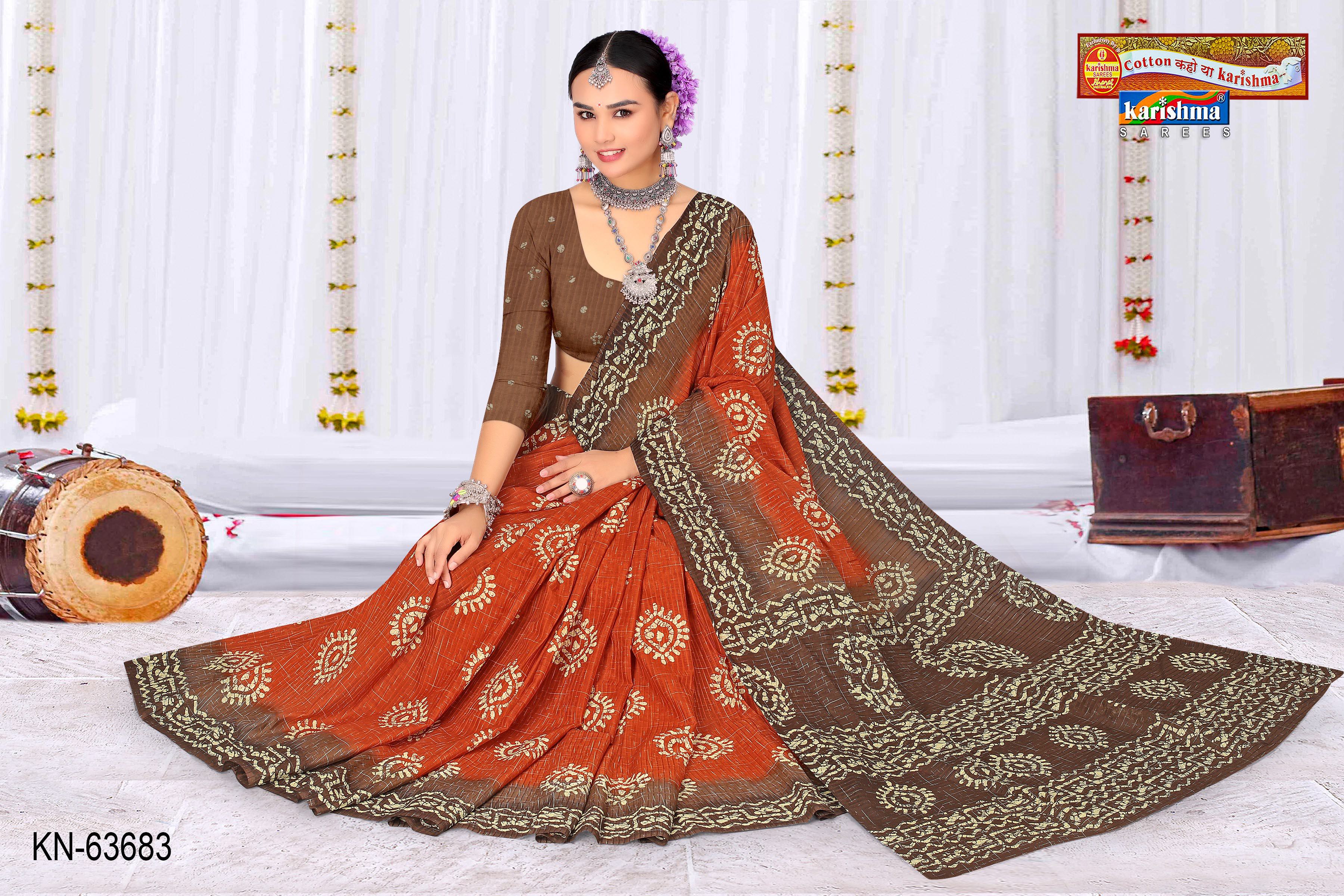 Brown And Orange Pure Cotton Malai (Soft) Saree With Batik Print And Tie Die Effect