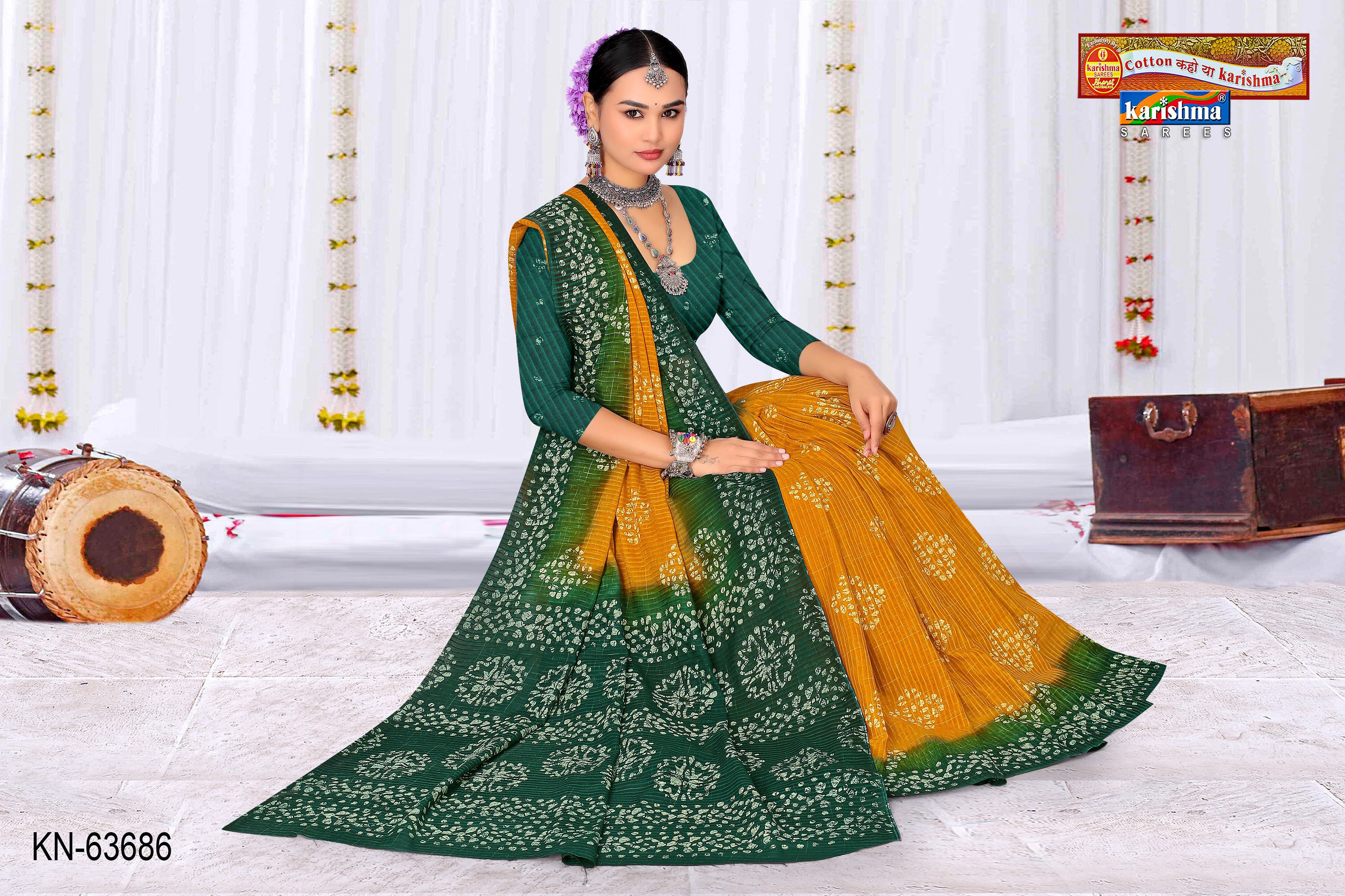 Yellow And Green Pure Cotton Malai (Soft) Saree With Batik Print And Tie Die Effect