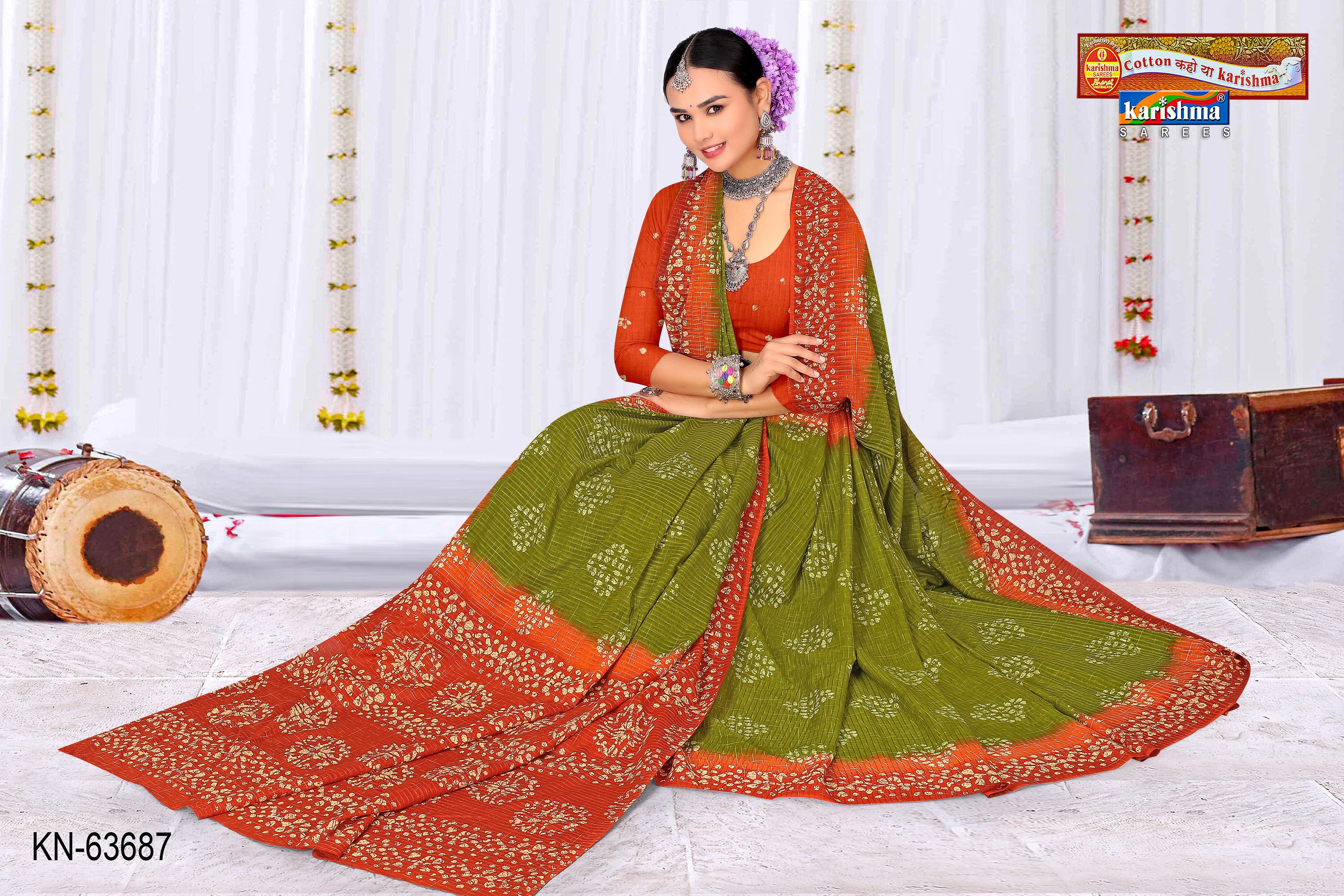 Green And Orange Pure Cotton Malai (Soft) Saree With Batik Print And Tie Die Effect