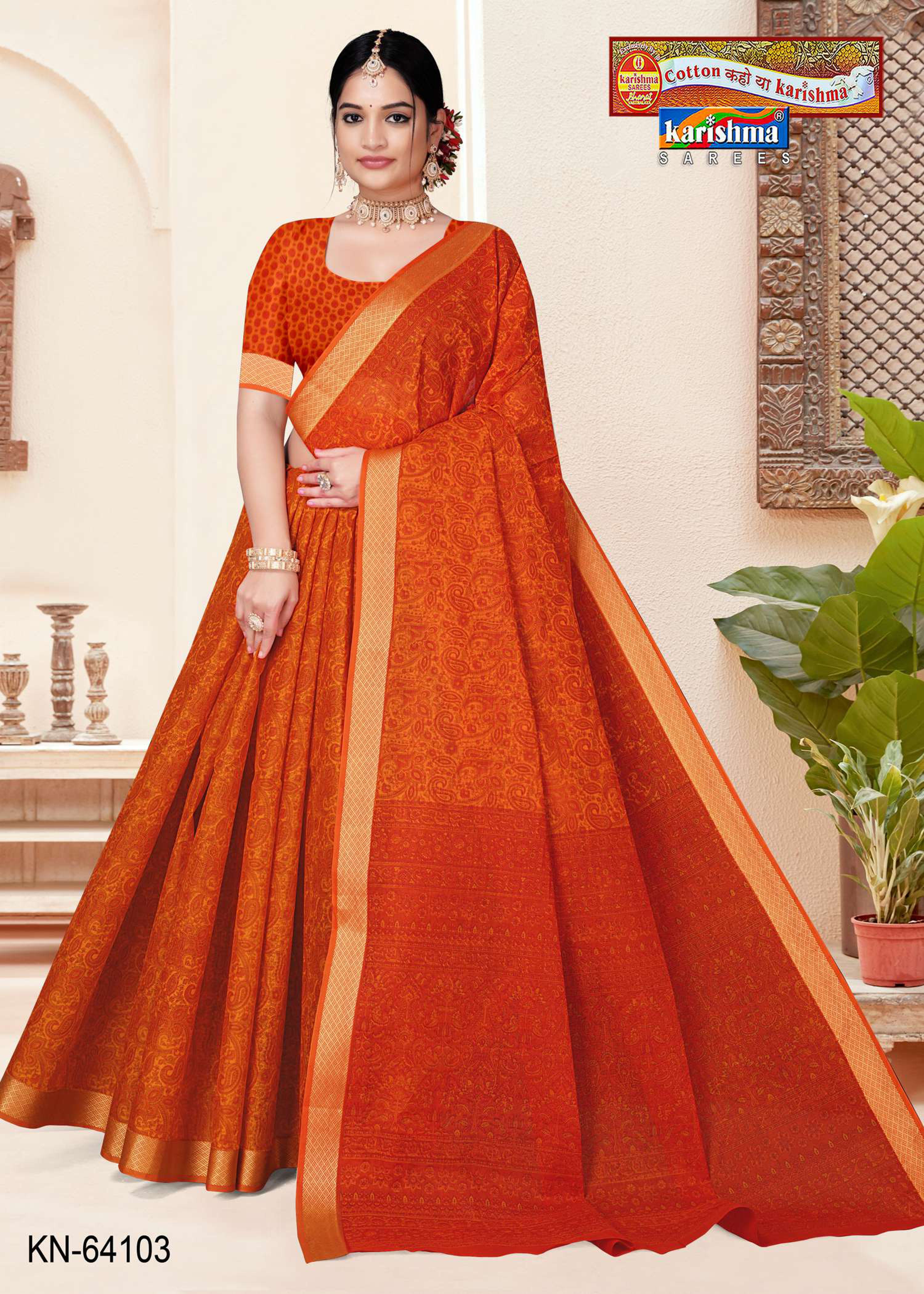 Orange Pure Cotton Mulmul (Medium Soft) Saree With Paisley Design And Golden Border