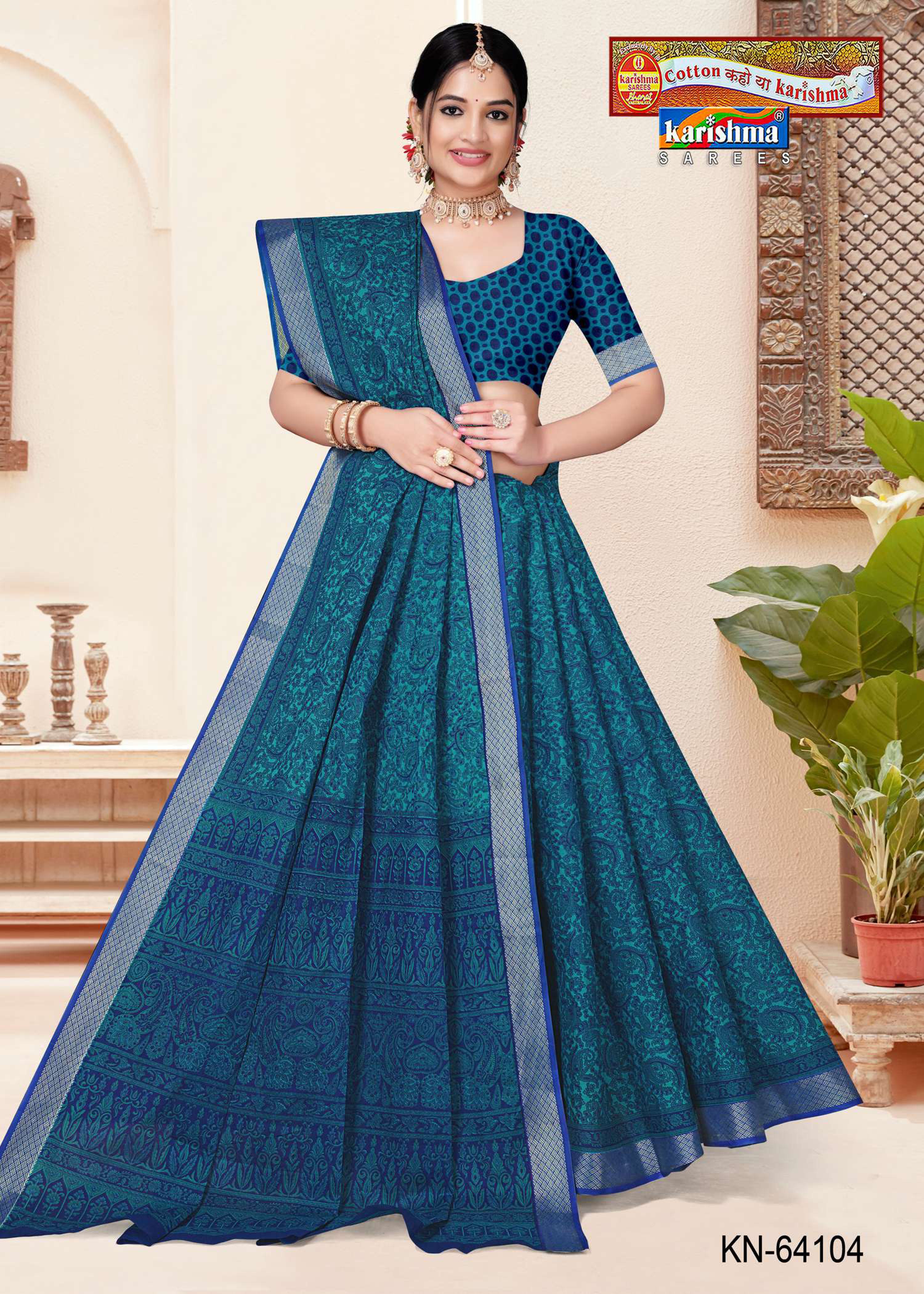 Blue Pure Cotton Mulmul (Medium Soft) Saree With Paisley Design And Golden Border
