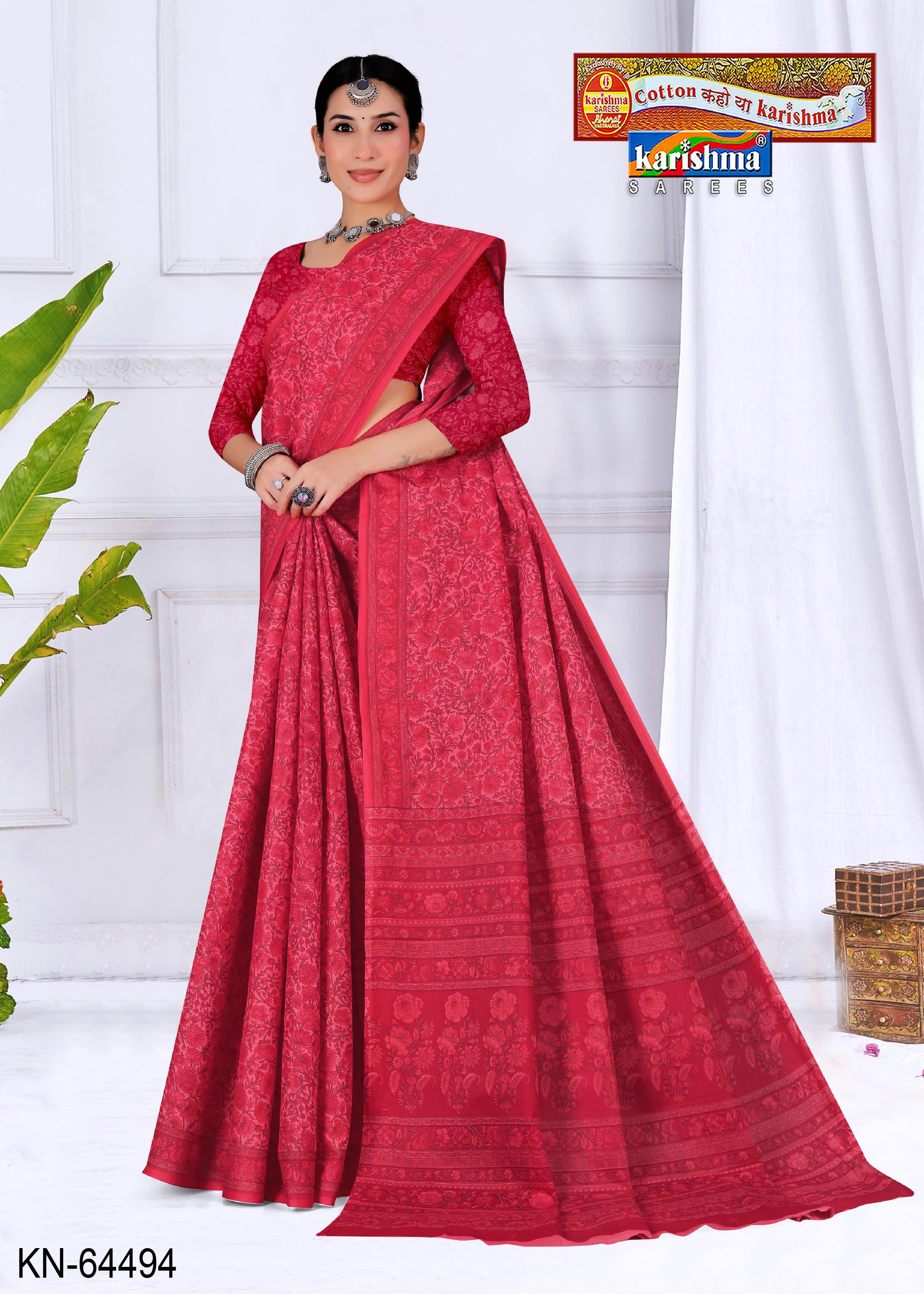 Red Pure Coton Mulmul (Soft) Saree With Floral Design and Simple Border