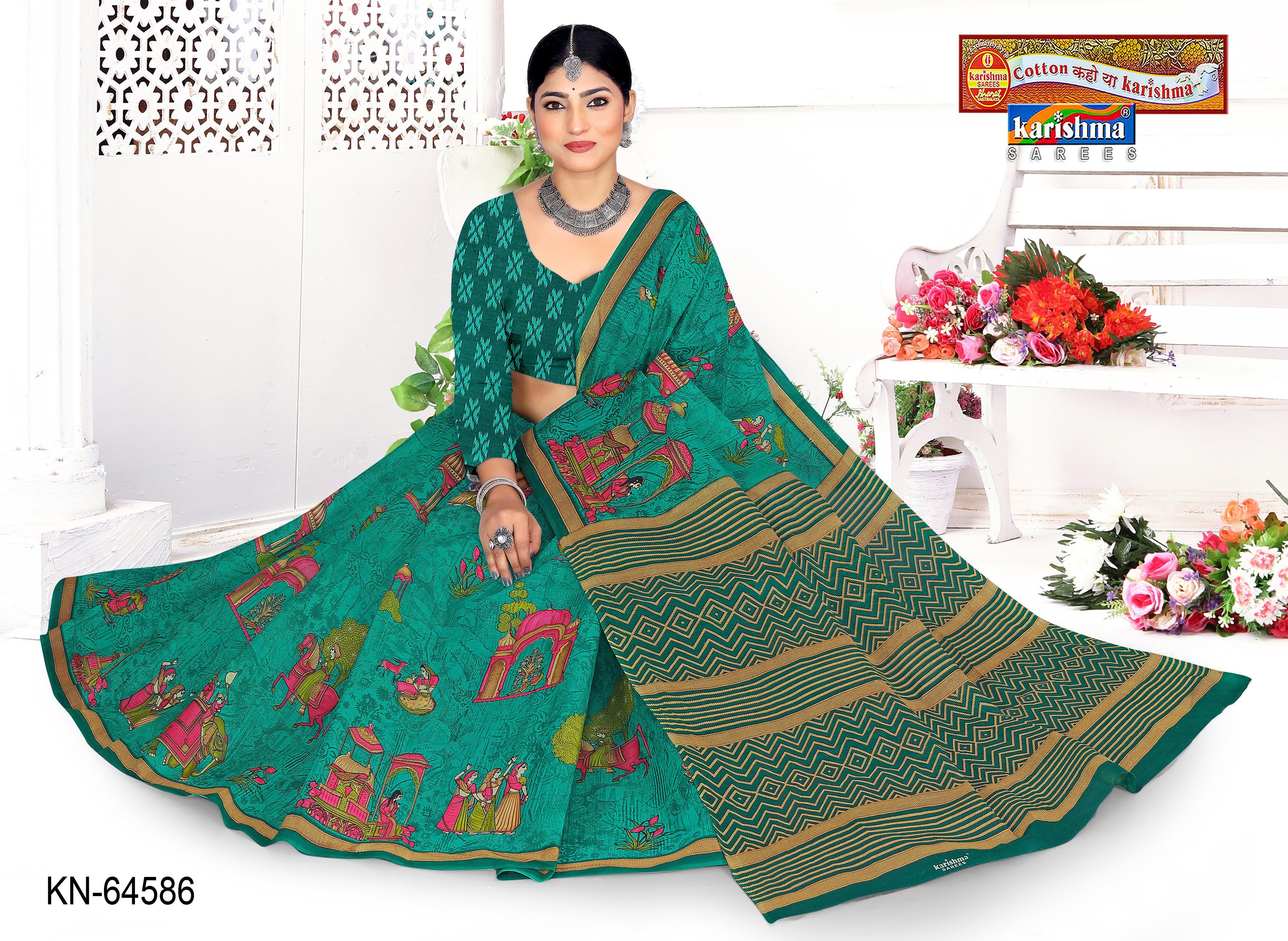 Teal Pure Cotton Mulmul (Stiff) Saree With Beautiful Figure Animal And Bird Design