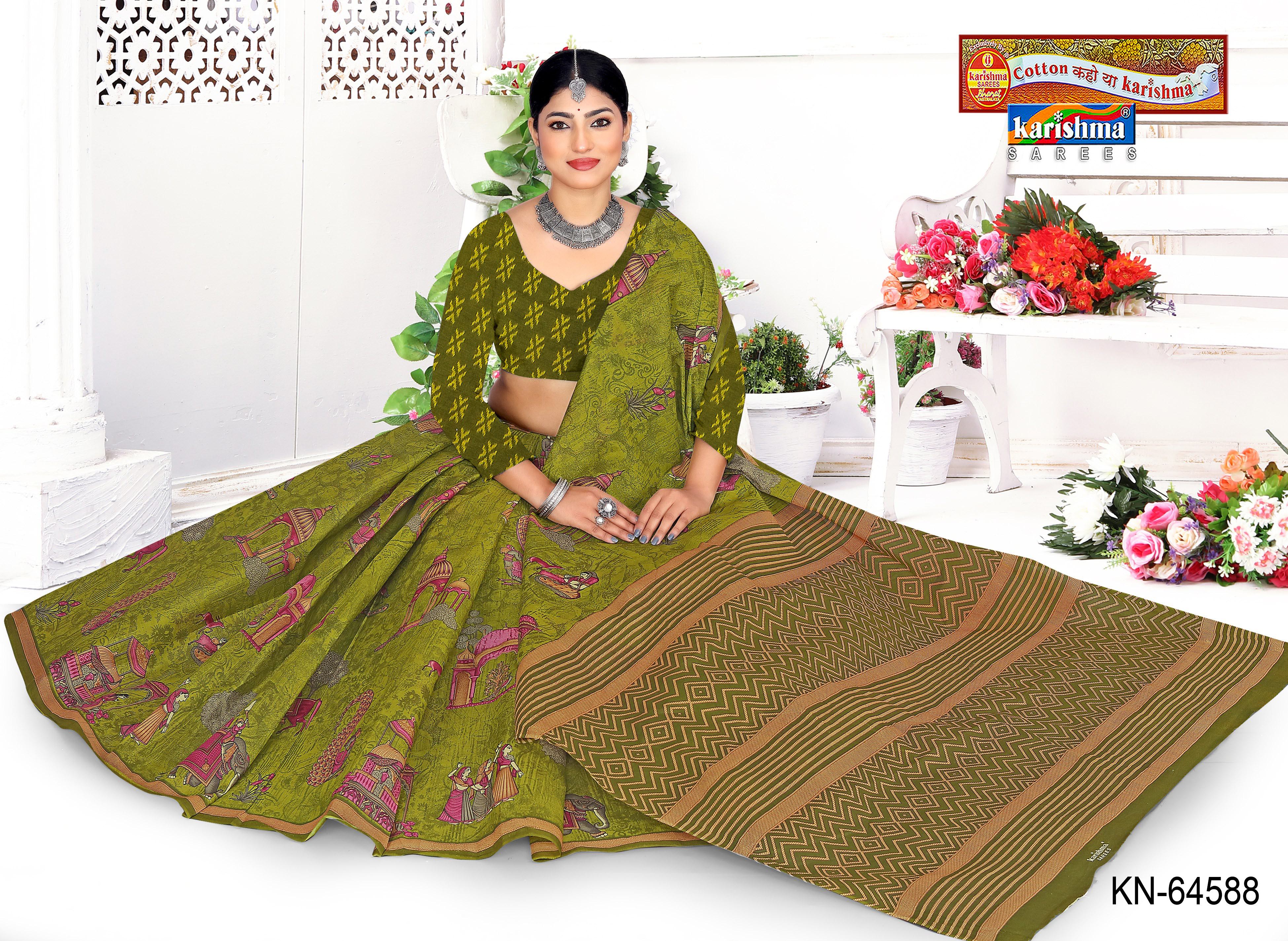Olive Pure Cotton Mulmul (Stiff) Saree With Beautiful Figure Animal And Bird Design