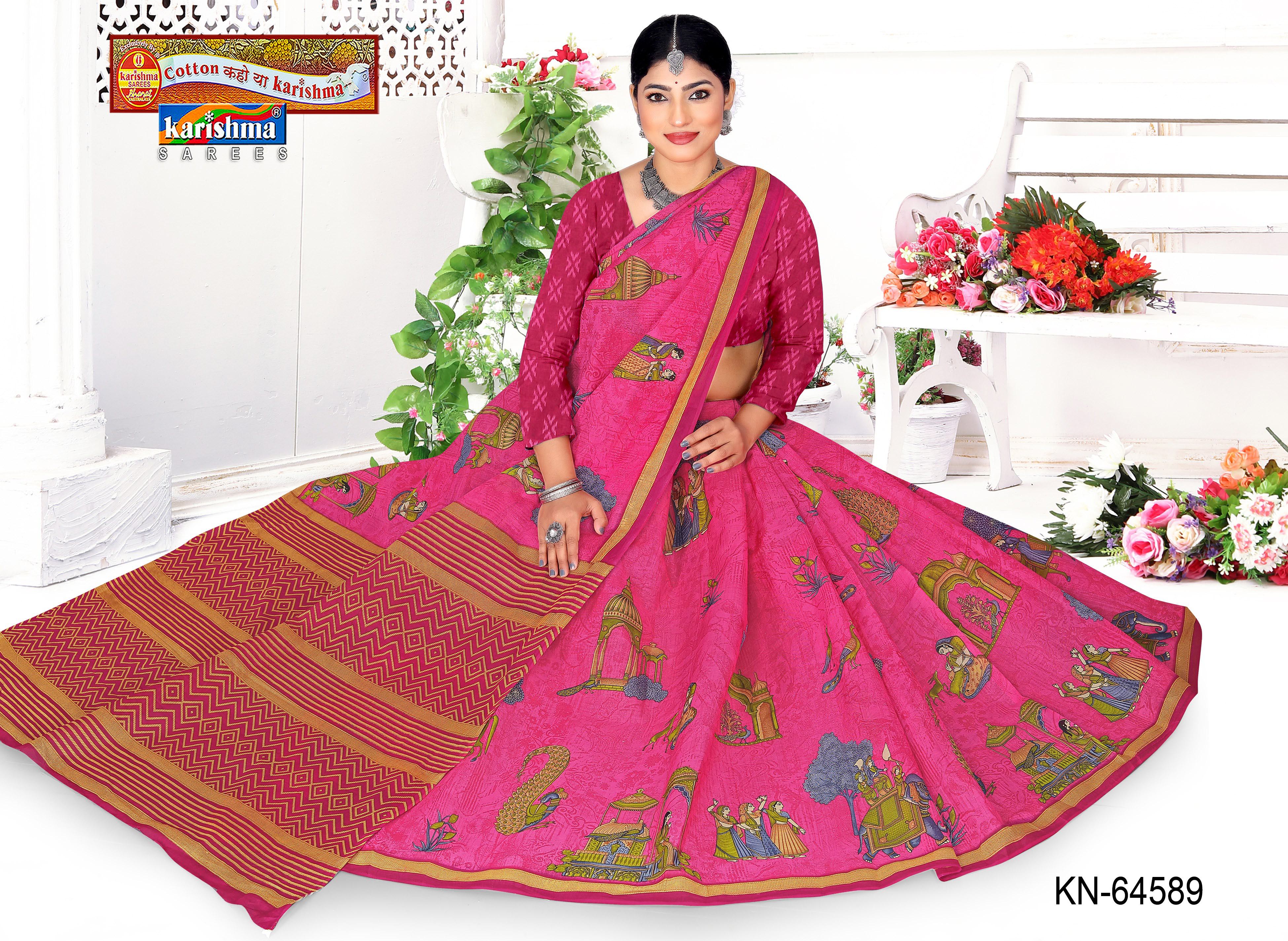 Pink Pure Cotton Mulmul (Stiff) Saree With Beautiful Figure Animal And Bird Design