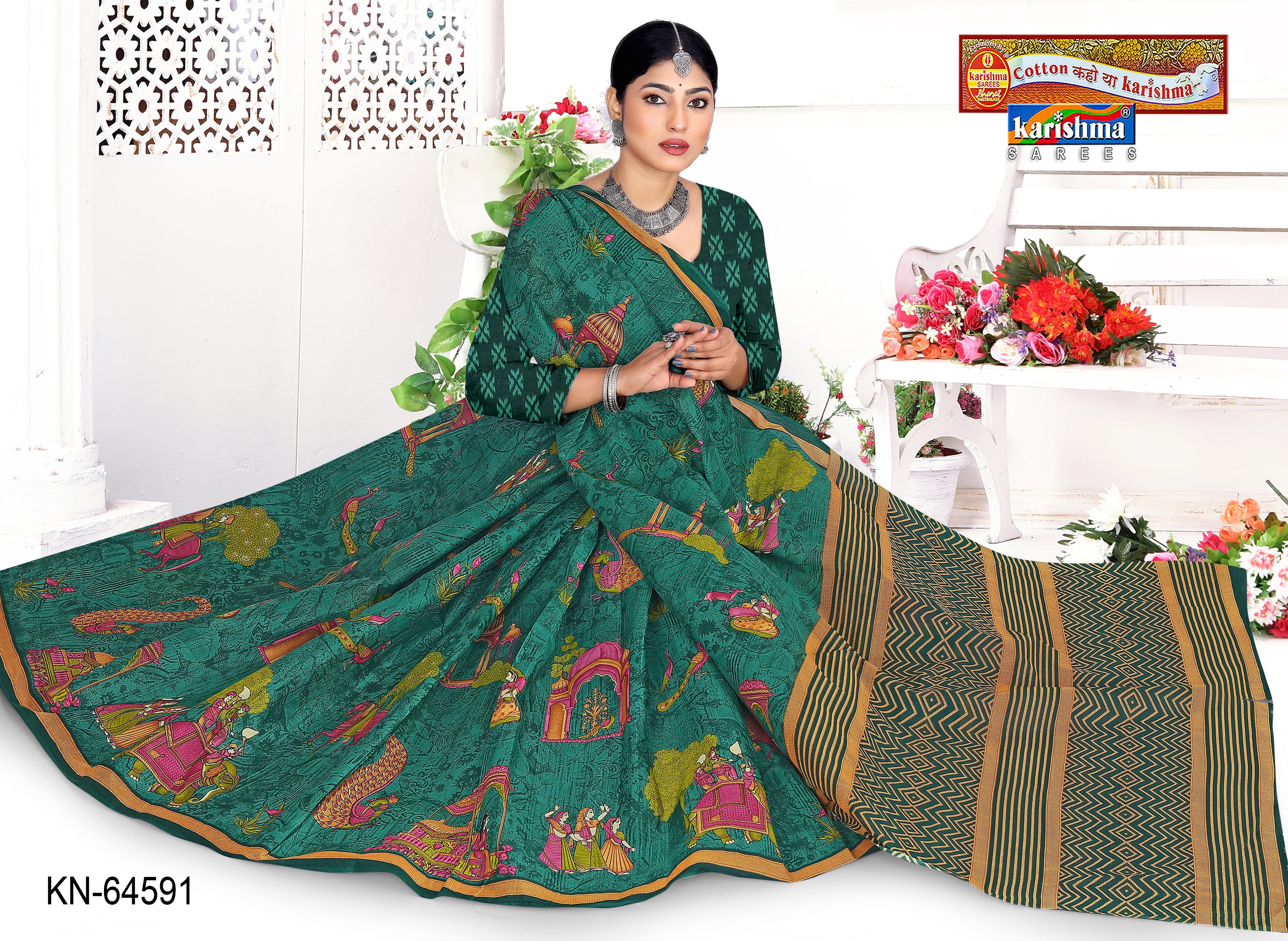 Green Pure Cotton Mulmul (Stiff) Saree With Beautiful Figure Animal And Bird Design