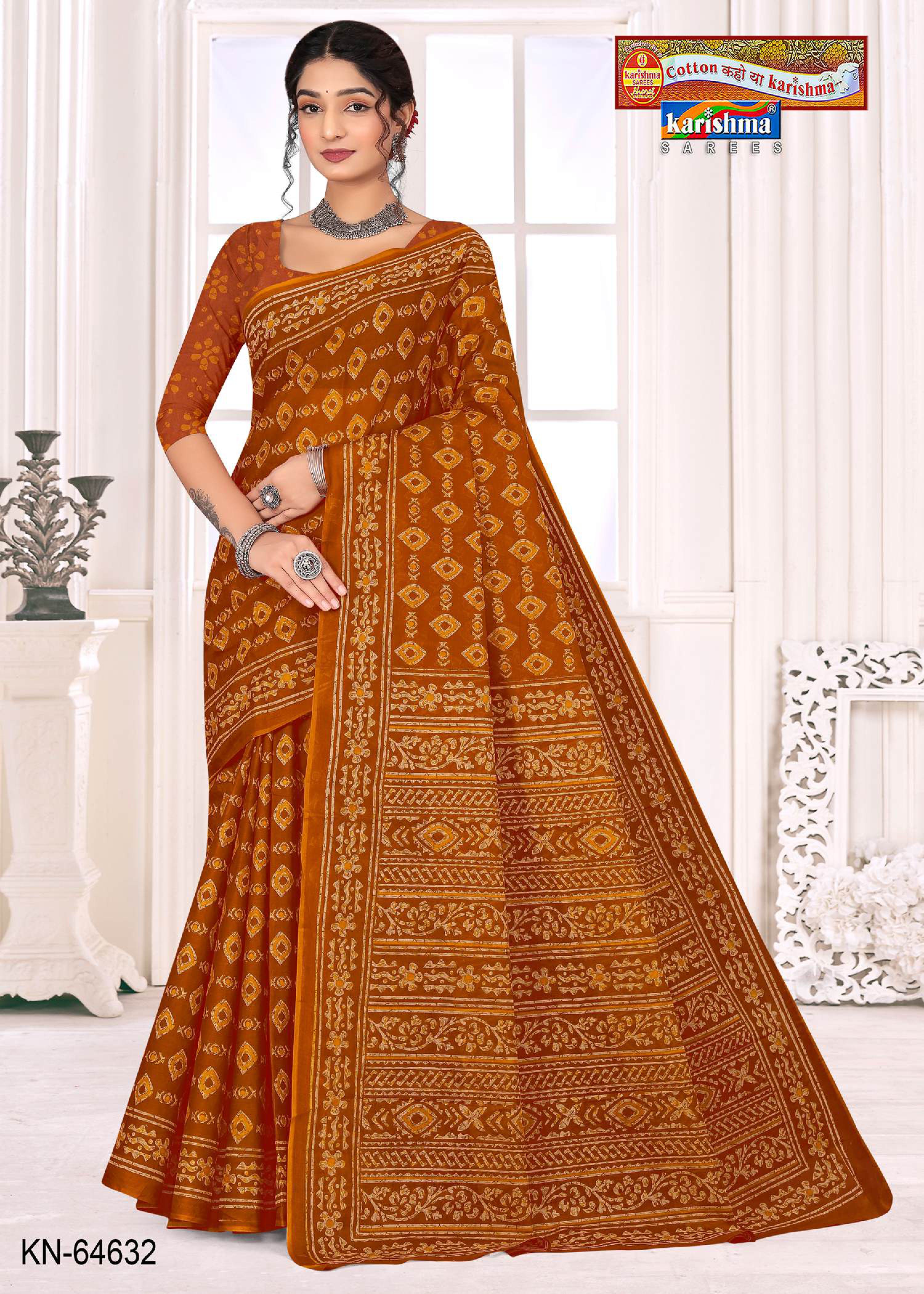 Cinnamon Pure cotton Mulmul (Stiff) Saree With Traditional Batik Print