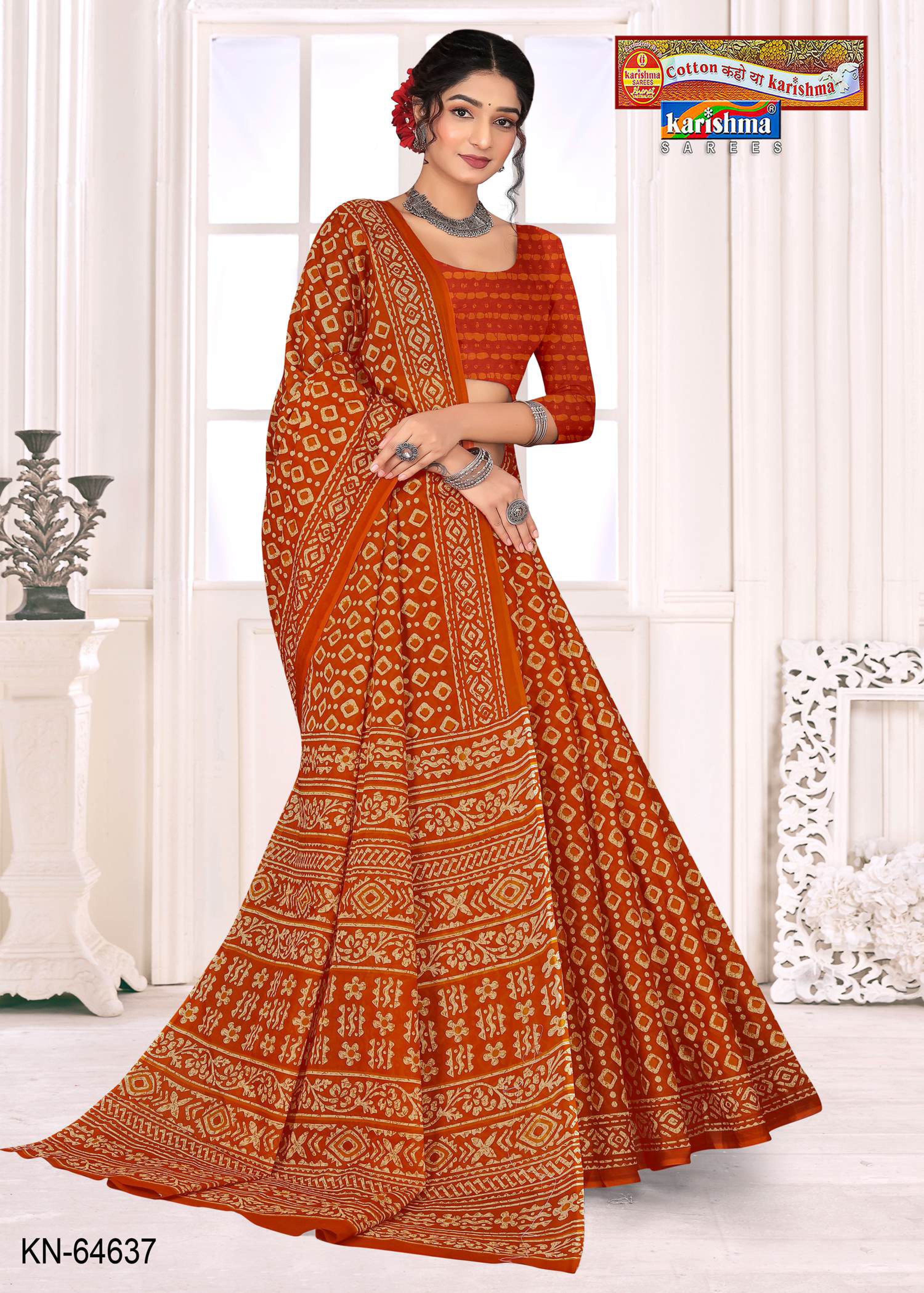 Rust Orange Pure cotton Mulmul (Stiff) Saree With Traditional Batik Print