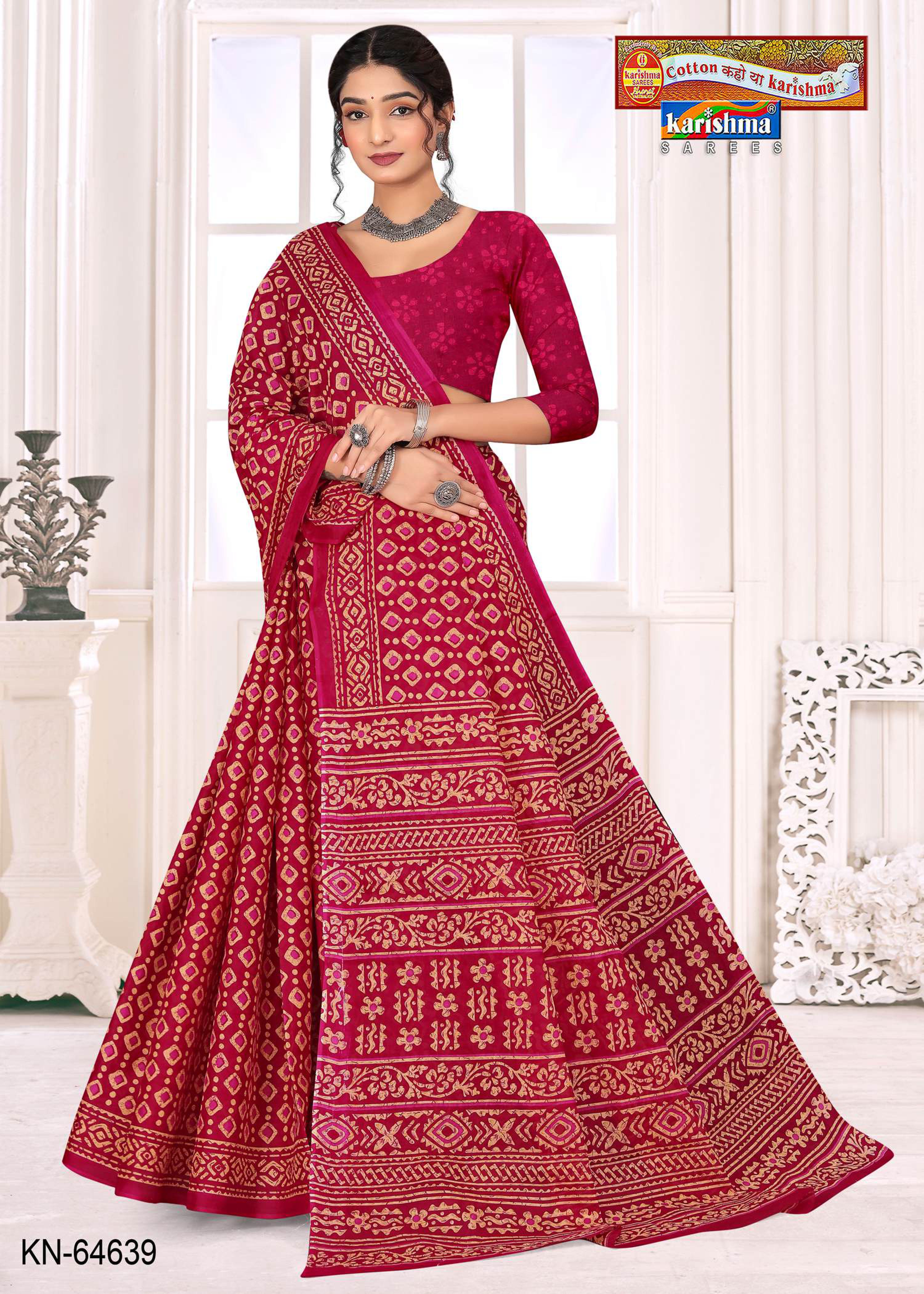 Pink Pure cotton Mulmul (Stiff) Saree With Traditional Batik Print