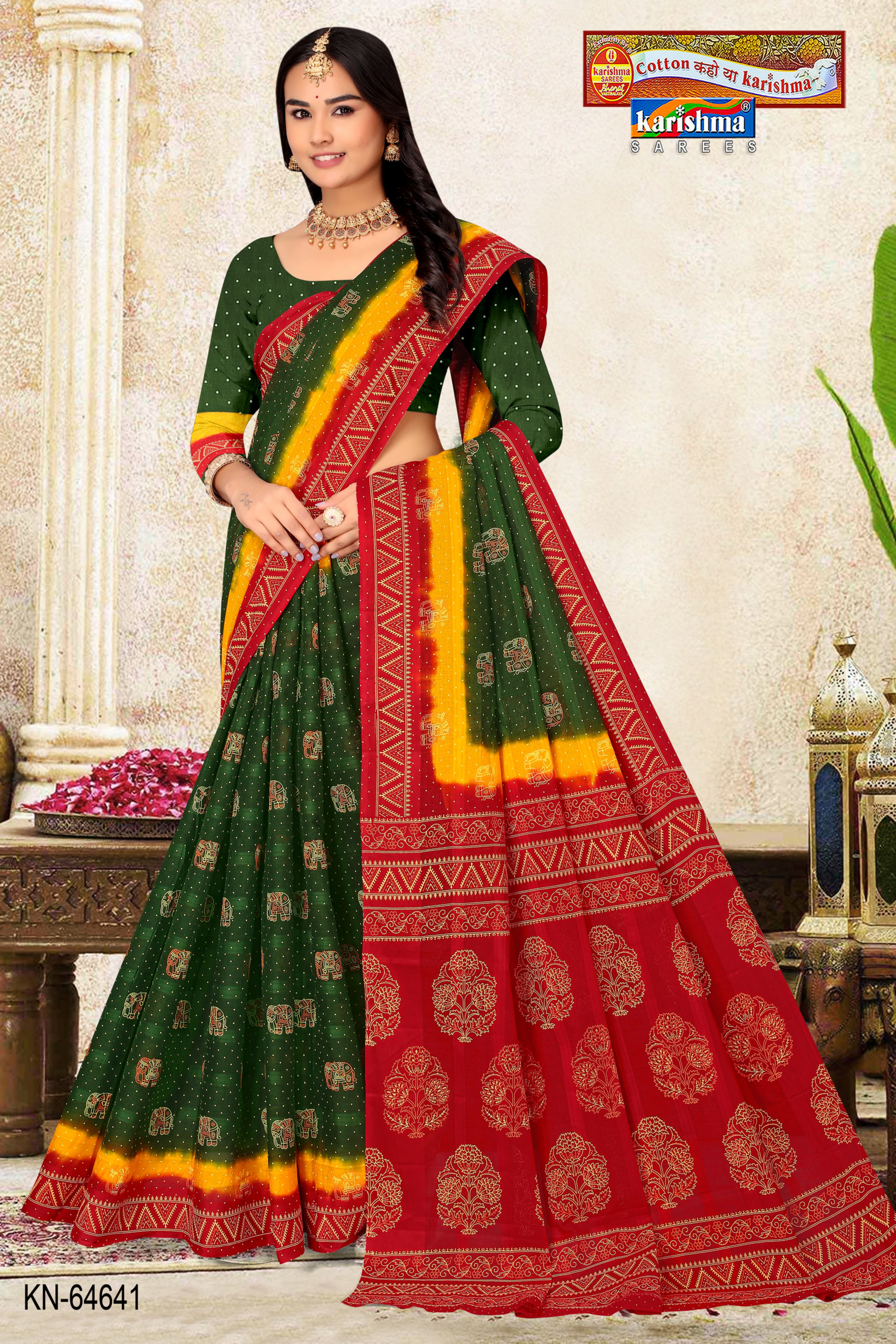 Green Pure Cotton Mulmul (Medium Soft) Saree With Traditional Floral And Elephant Print