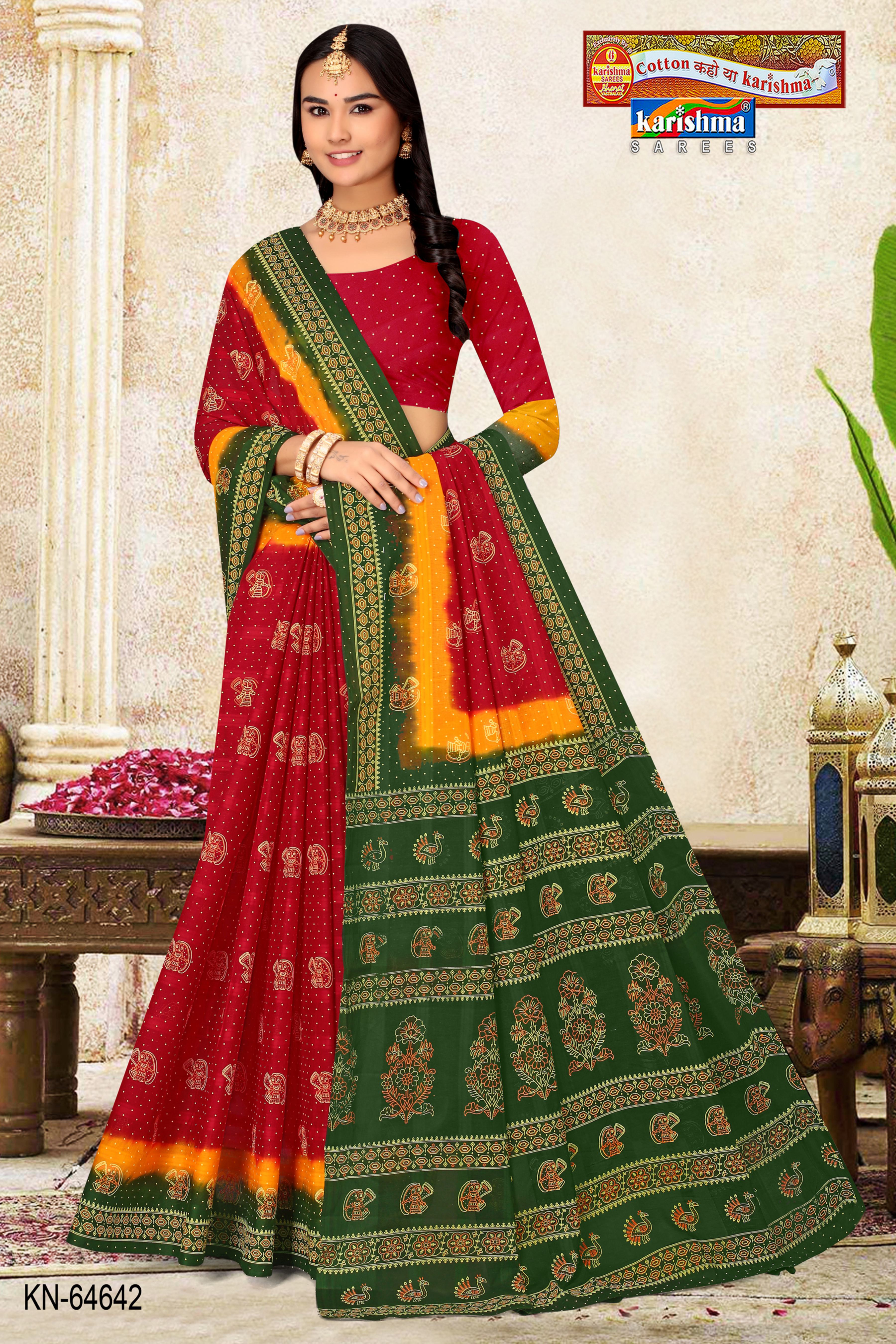 Red Pure Cotton Mulmul (Medium Soft) Saree With Traditional Floral And Elephant Print
