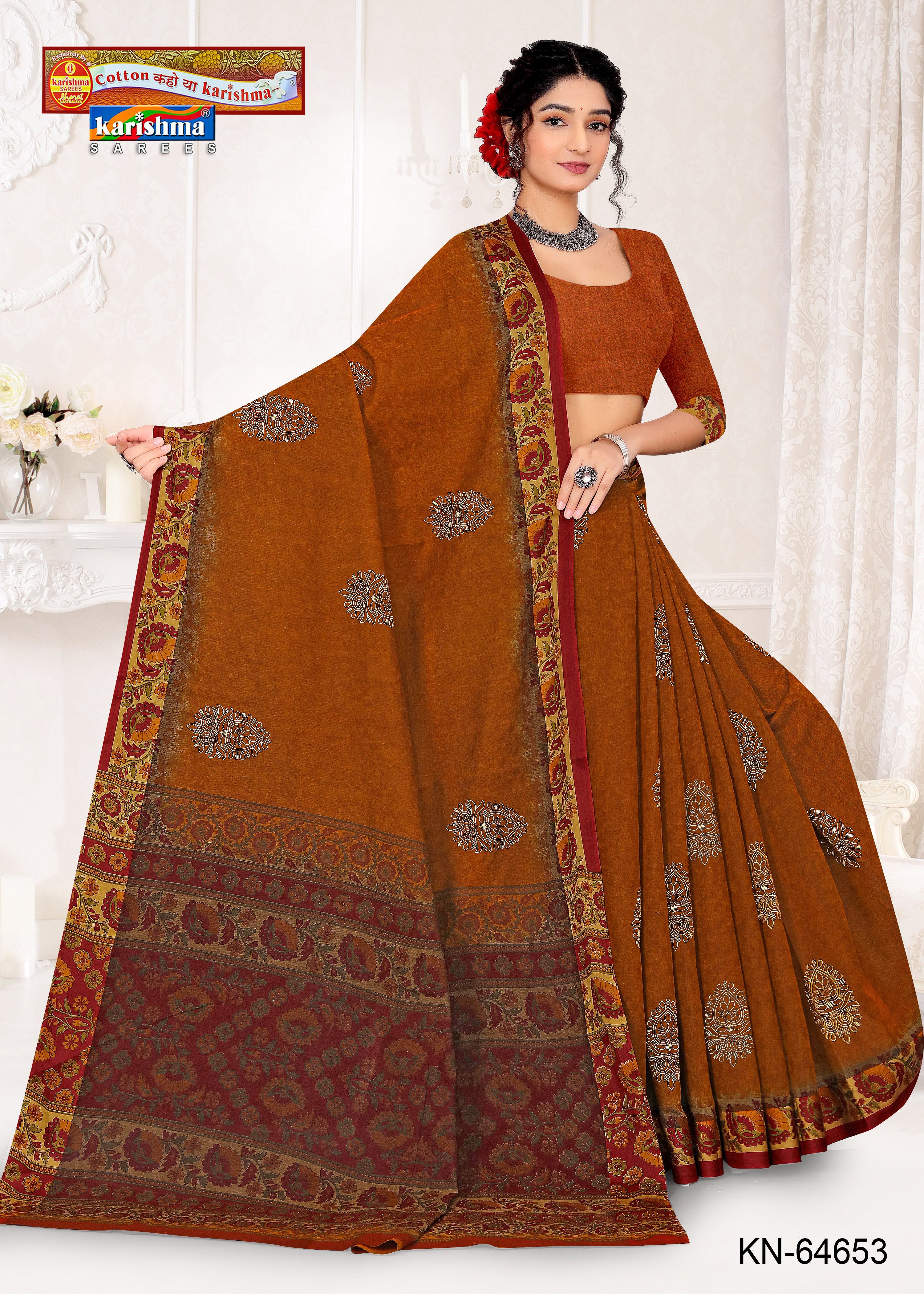 Cinnamon Pure Cotton Muslin (Soft) Saree With Traditional Butti And Floral Border