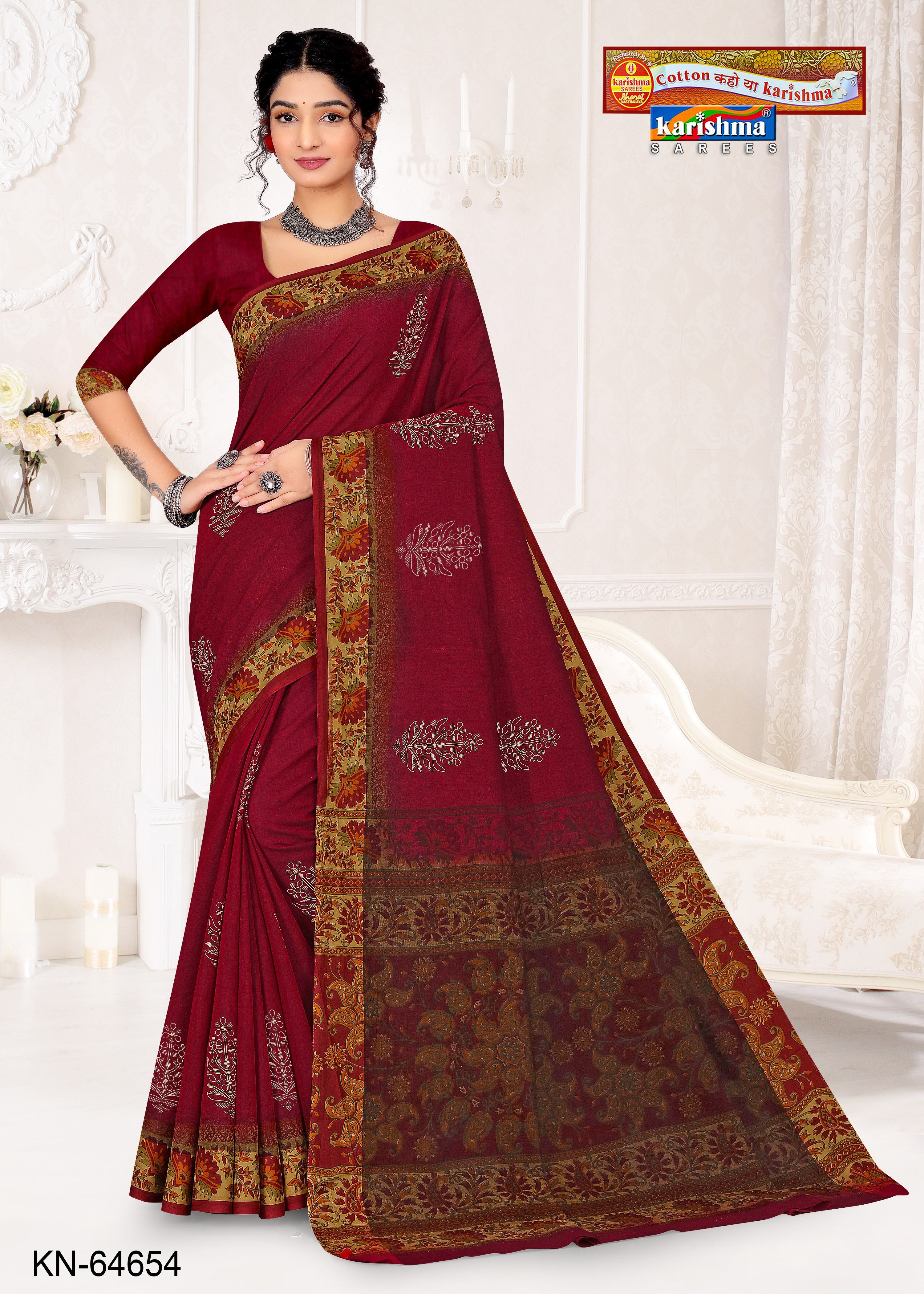 Maroon Pure Cotton Muslin (Soft) Saree With Traditional Butti And Floral Border