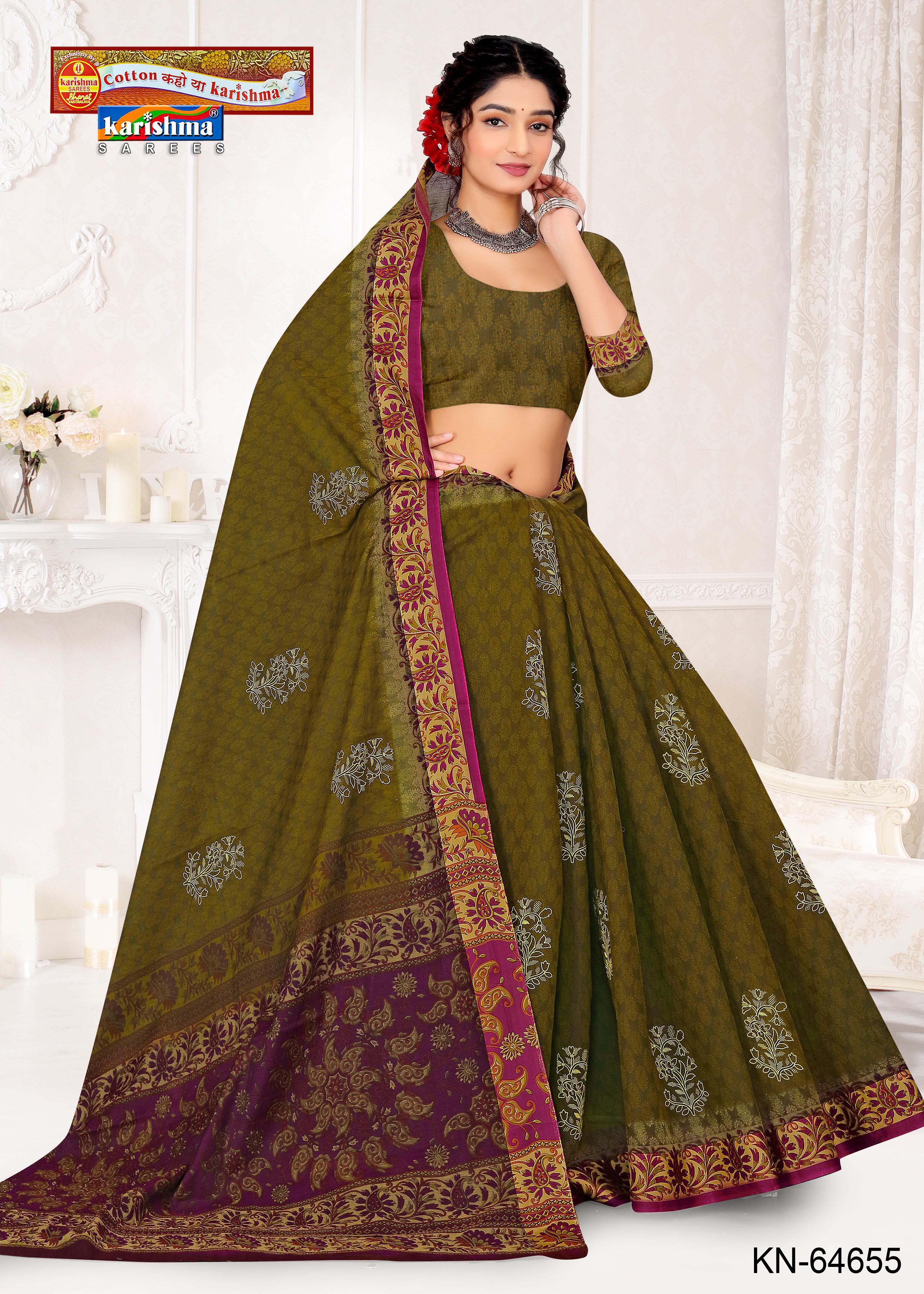 Olive Pure Cotton Muslin (Soft) Saree With Traditional Butti And Floral Border