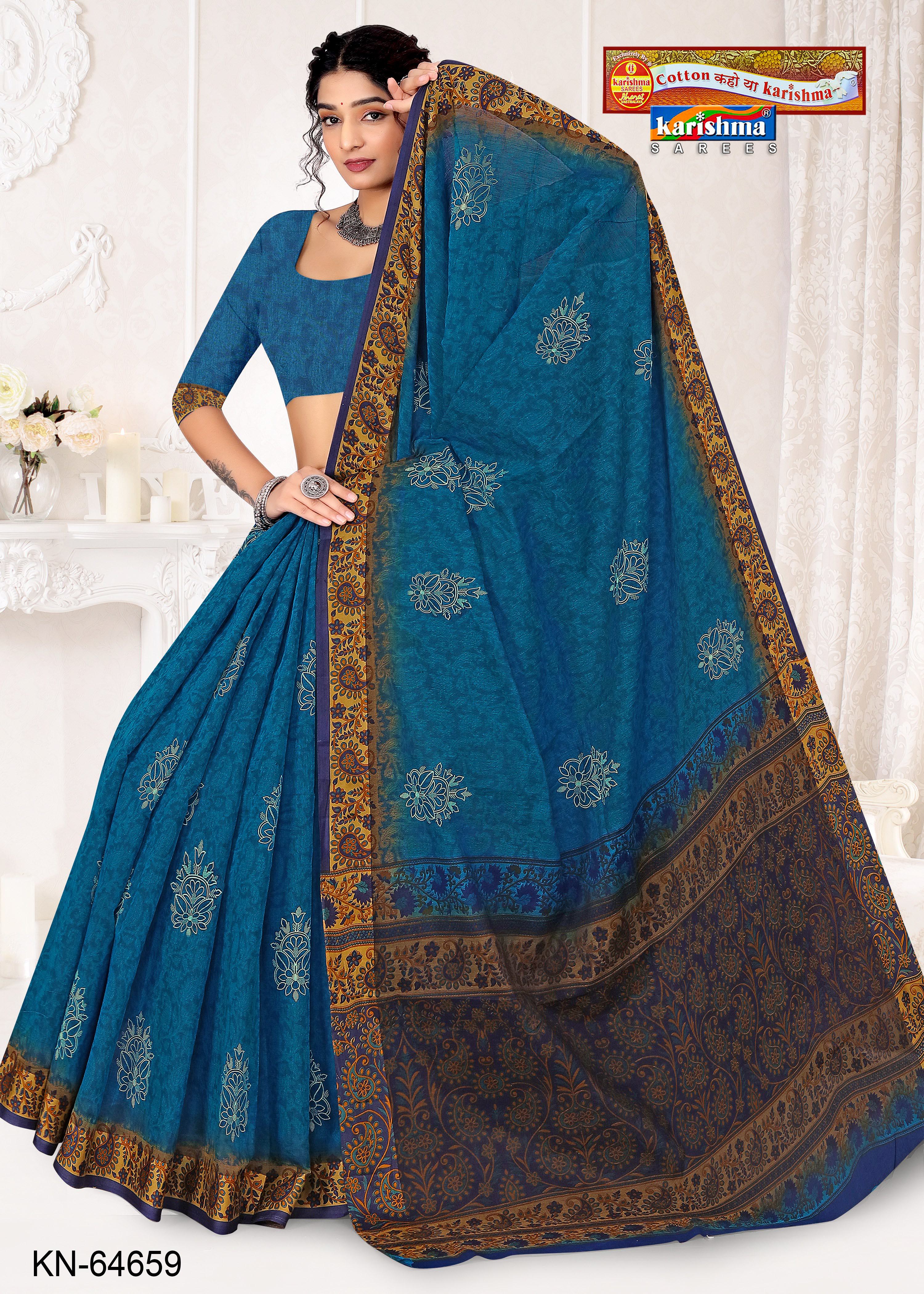 Blue Pure Cotton Muslin (Soft) Saree With Traditional Butti And Floral Border