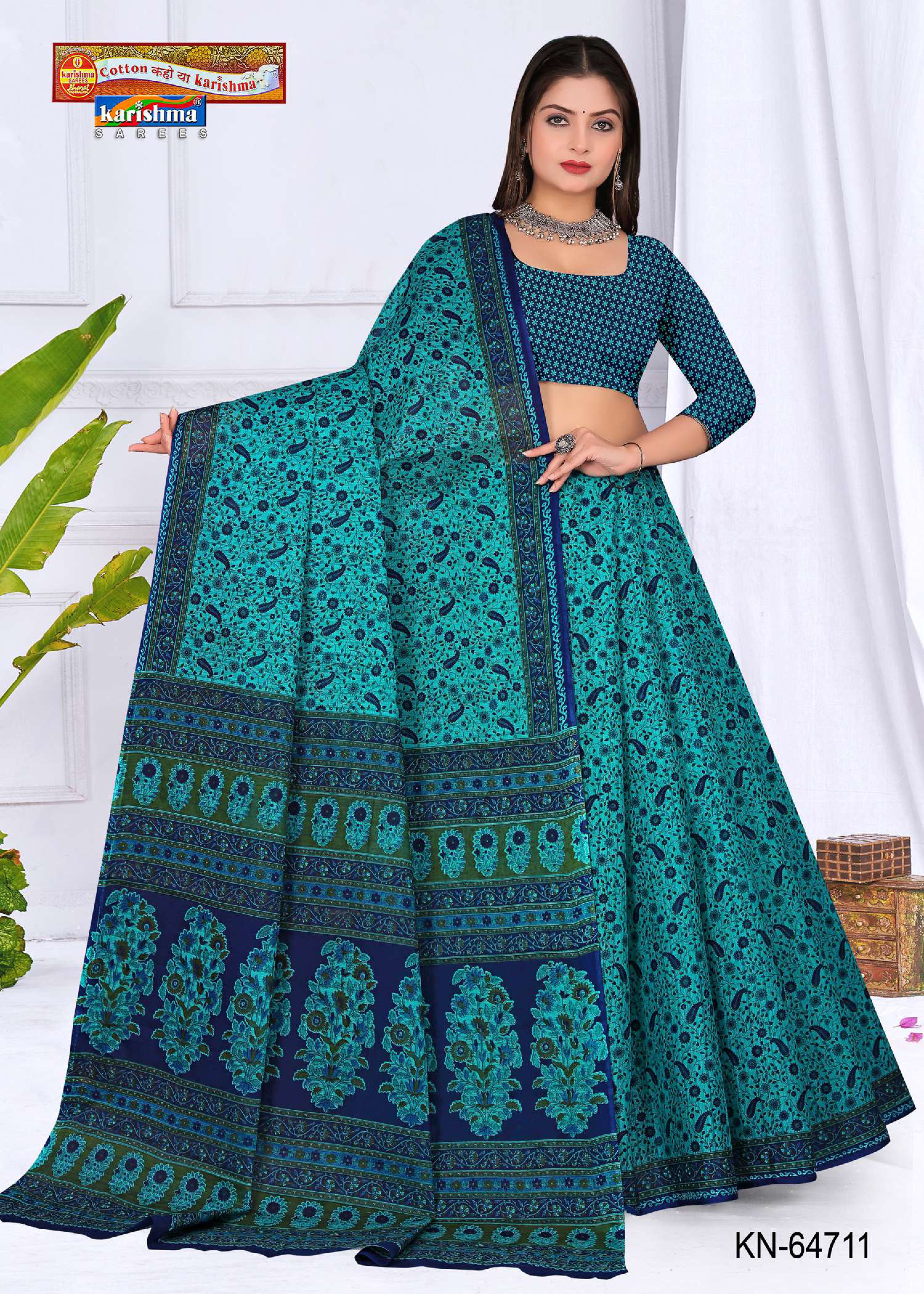 Blue Pure Cotton Mulmul (Stiff) Saree With Small Floral Print