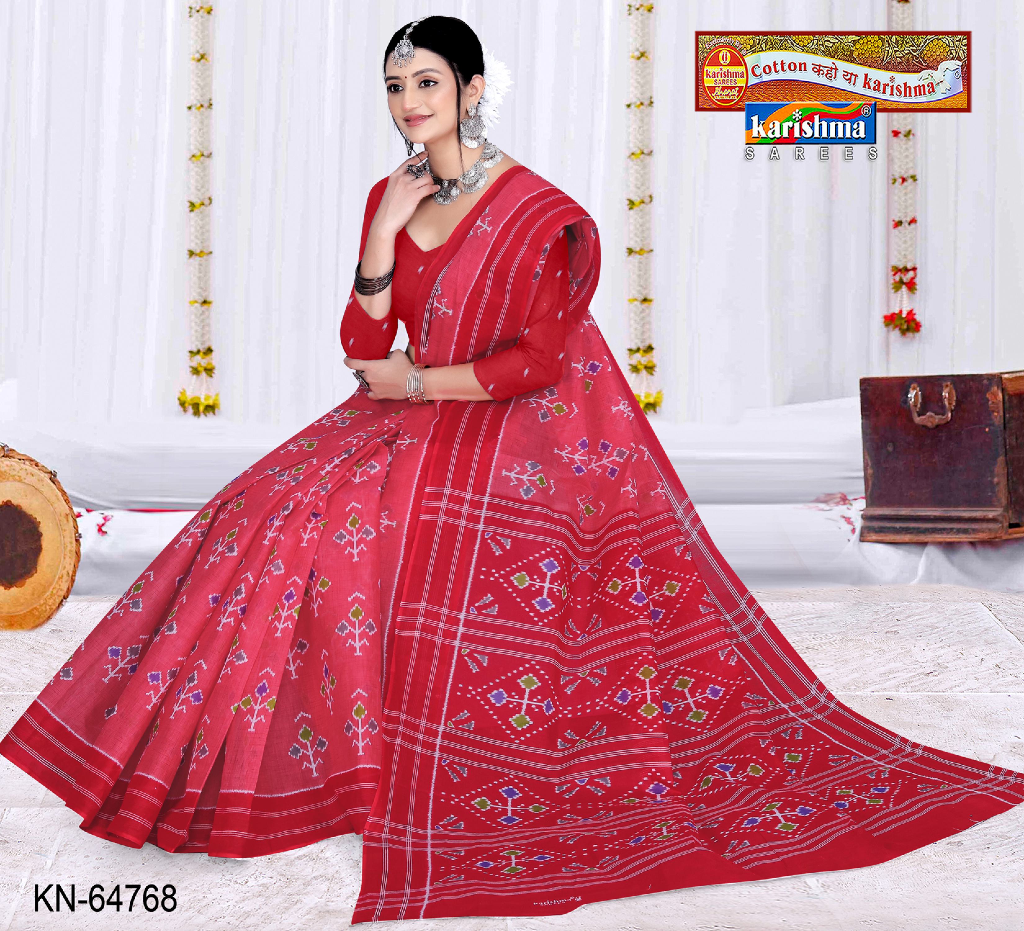 Peach Pure Cotton Mulmul (Stiff) Saree With Simple Ikat Print And Plain Border