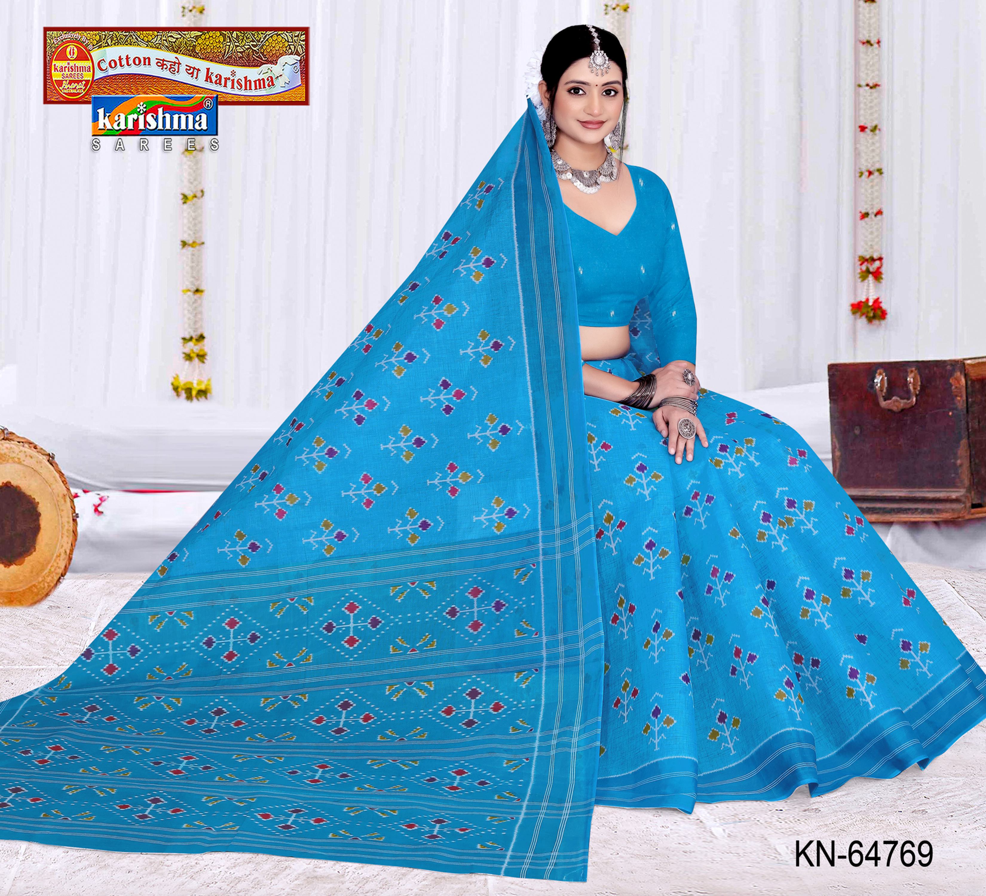 Blue Pure Cotton Mulmul (Stiff) Saree With Simple Ikat Print And Plain Border