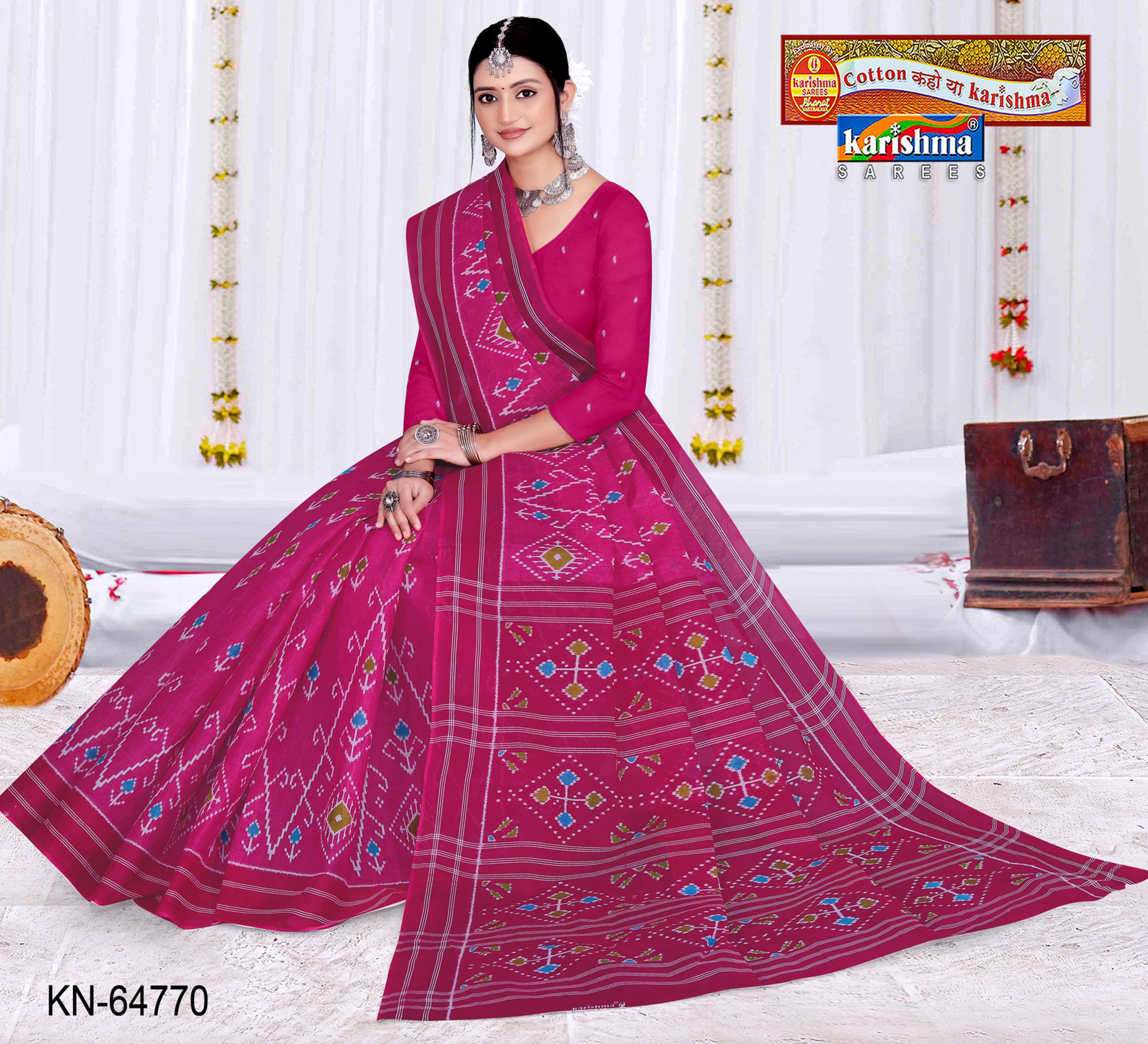 Pink Pure Cotton Mulmul (Stiff) Saree With Simple Ikat Print And Plain Border
