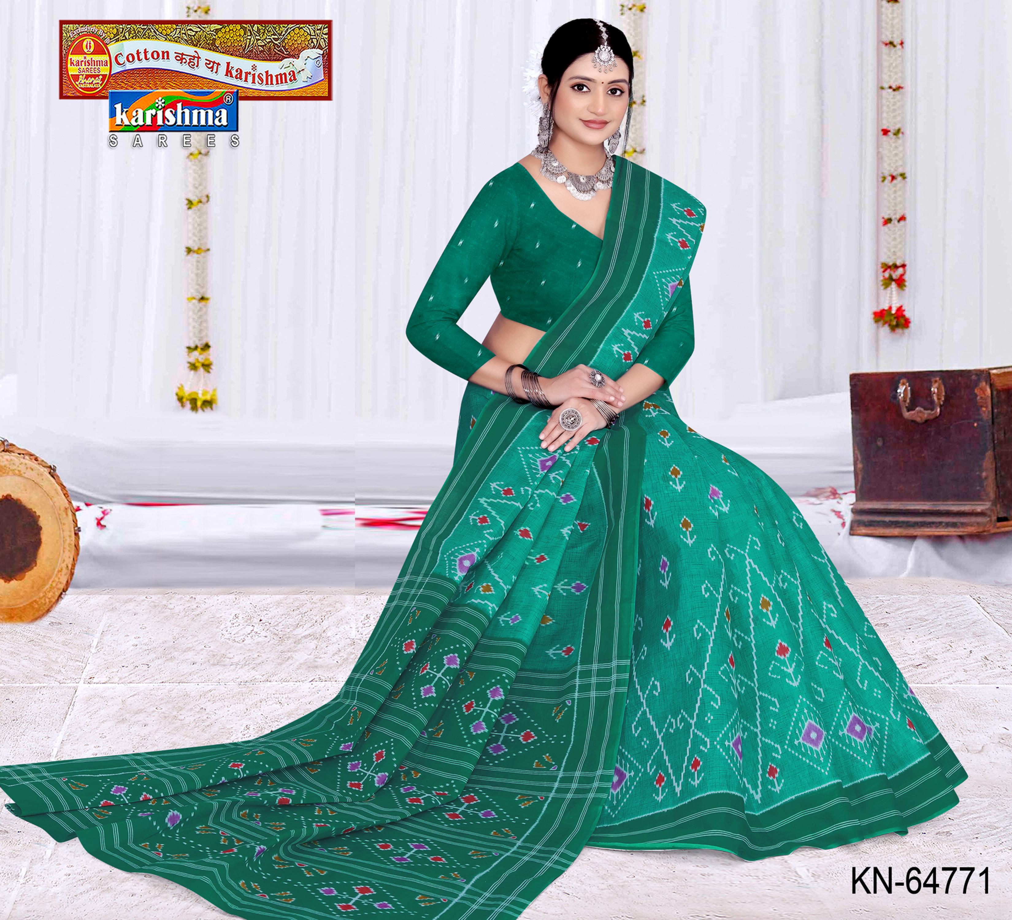 Light Blue Pure Cotton Mulmul (Stiff) Saree With Simple Ikat Print And Plain Border