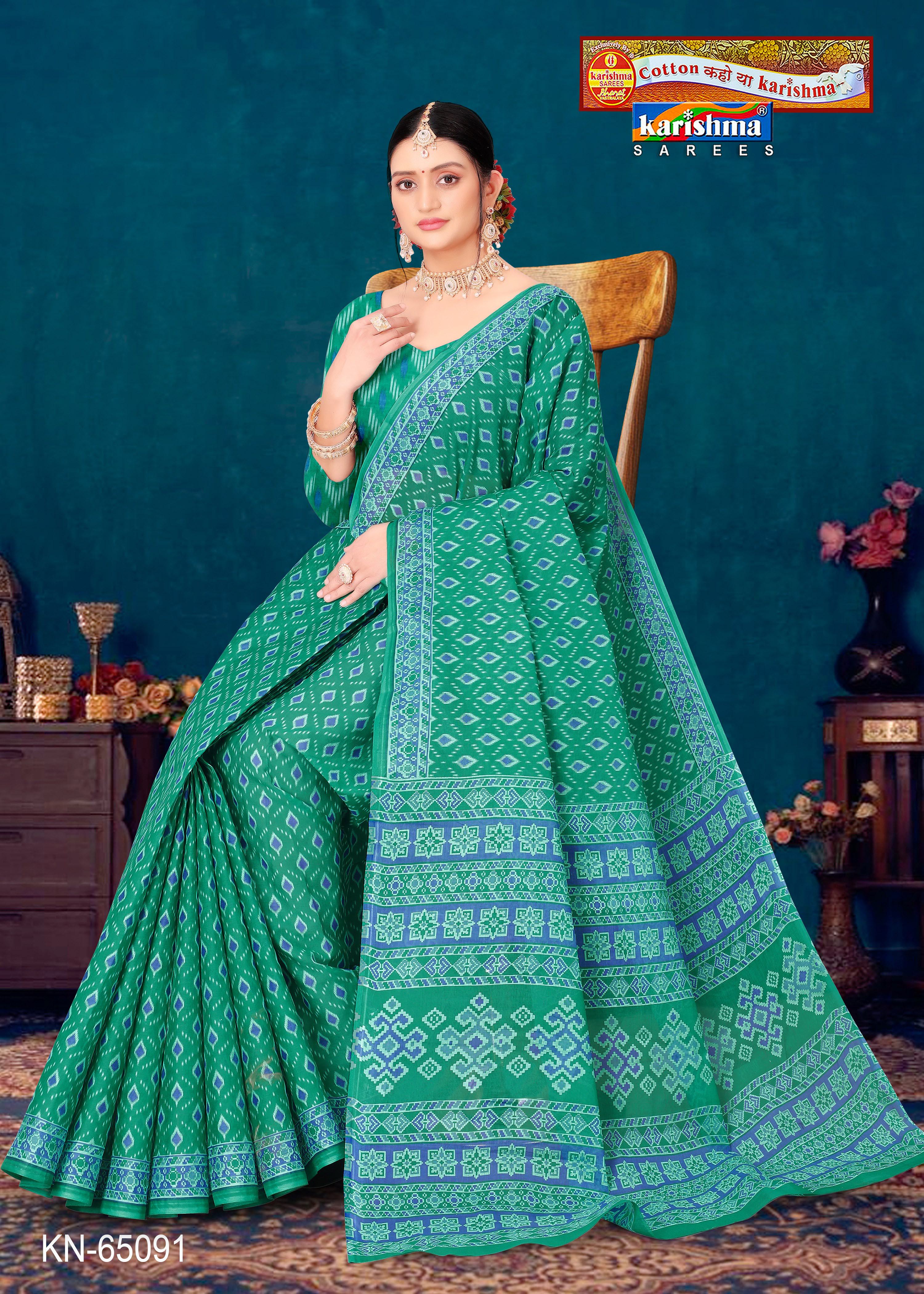 Teal Green Pure Cotton Mulmul (Stiff) Saree With Modern Design And Delicate Border