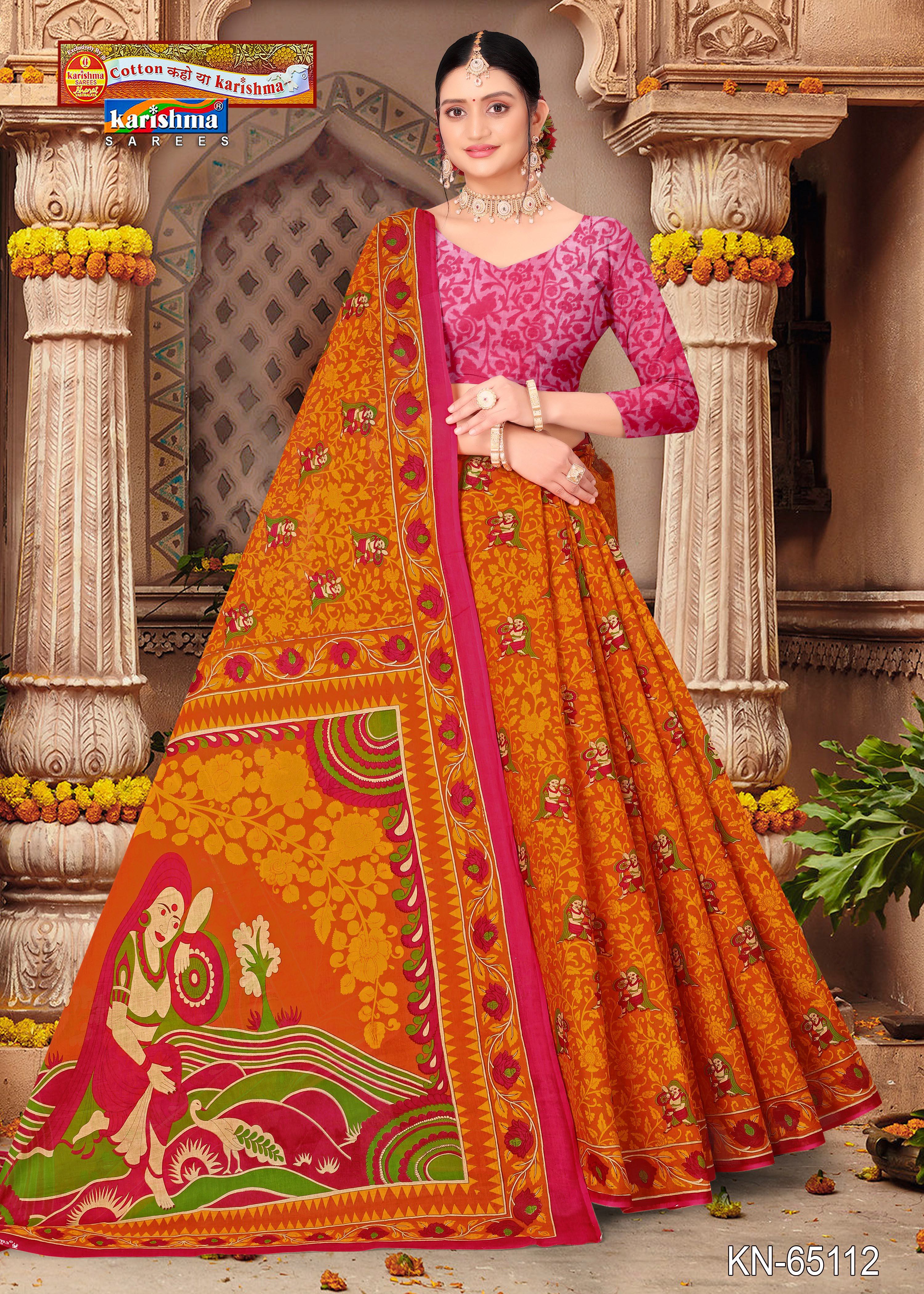 Orange Pure Coton Mulmul (Stiff) Saree With Peacock Figure Print