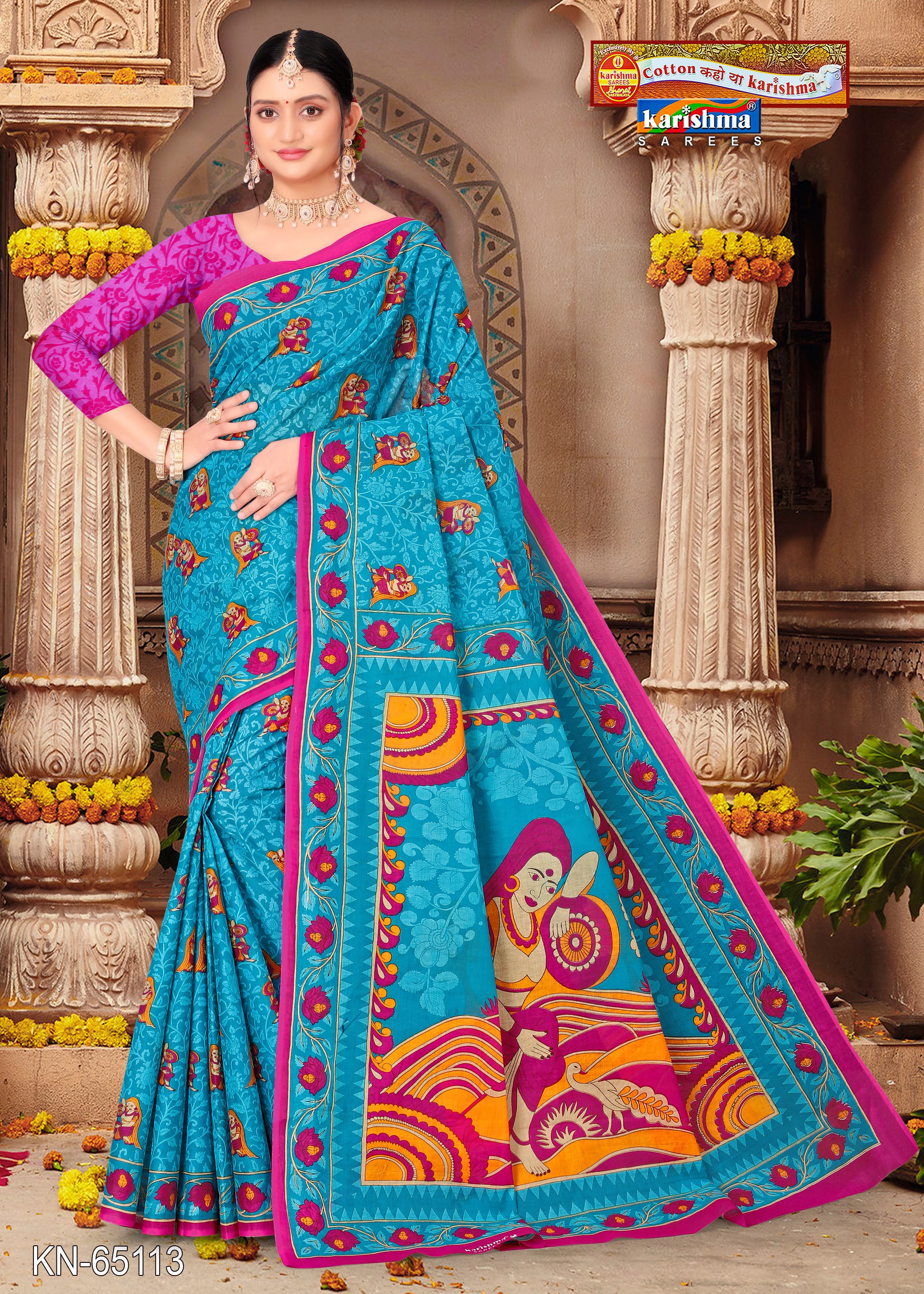 Blue Pure Coton Mulmul (Stiff) Saree With Peacock Figure Print