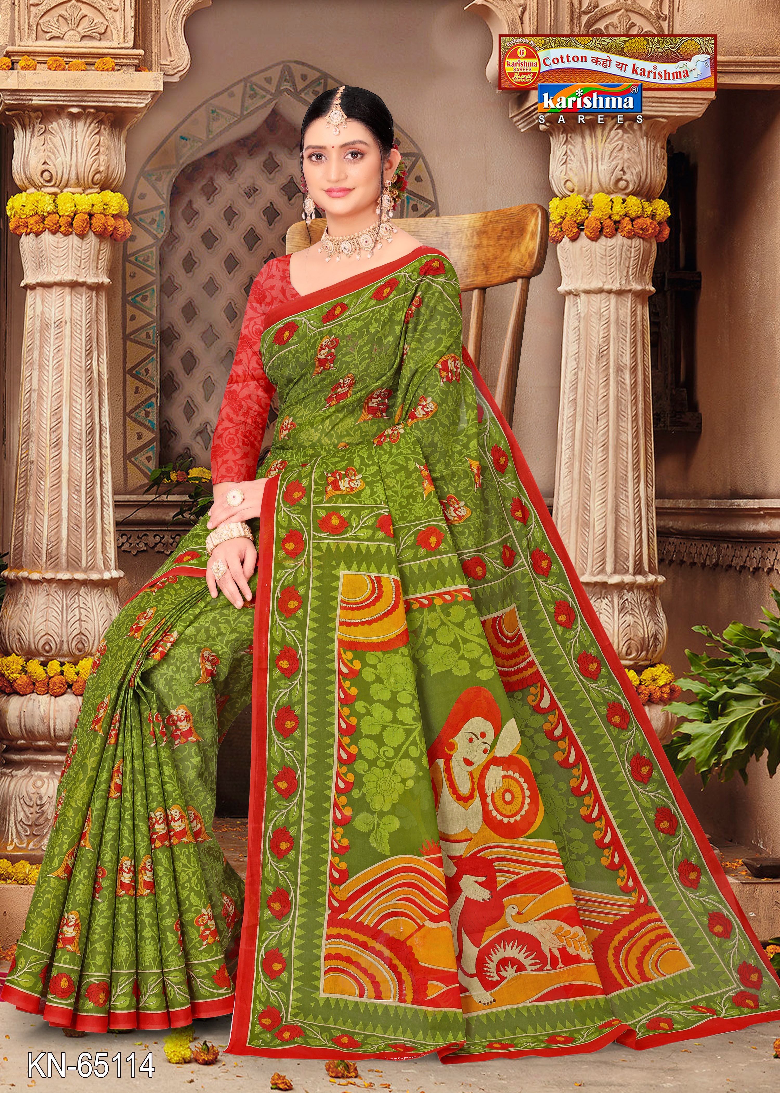 Olive Pure Coton Mulmul (Stiff) Saree With Peacock Figure Print