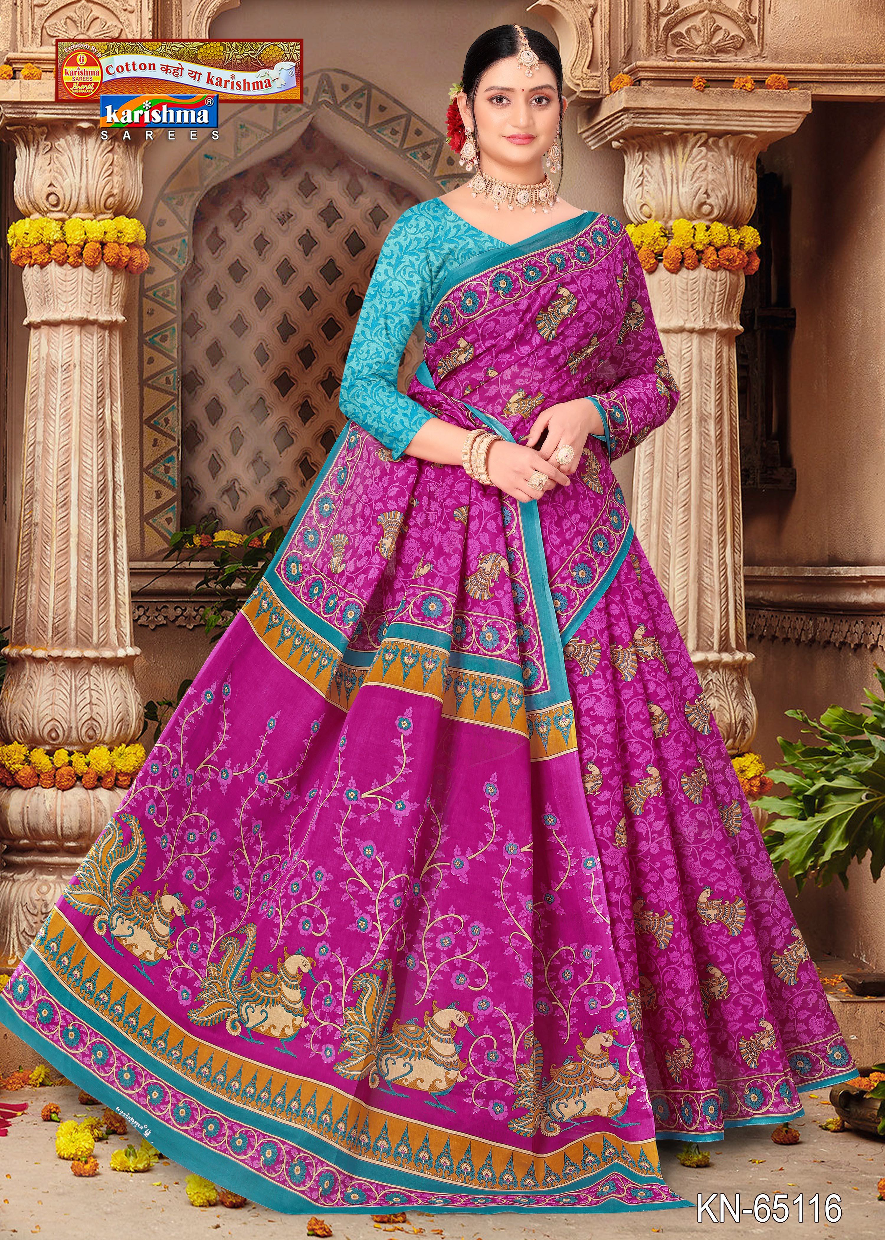 Purple Pure Coton Mulmul (Stiff) Saree With Peacock Figure Print