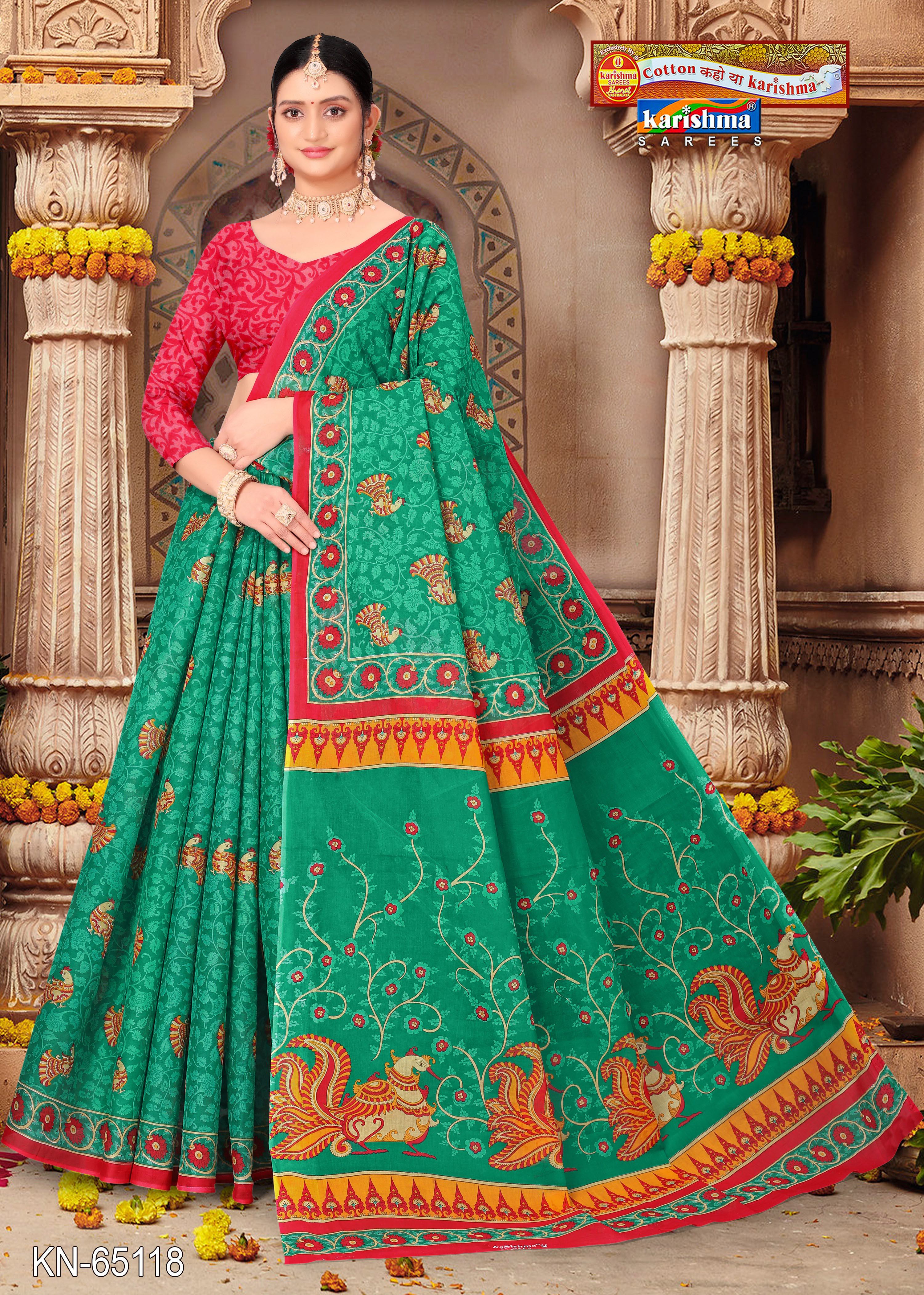 Teal Pure Coton Mulmul (Stiff) Saree With Peacock Figure Print