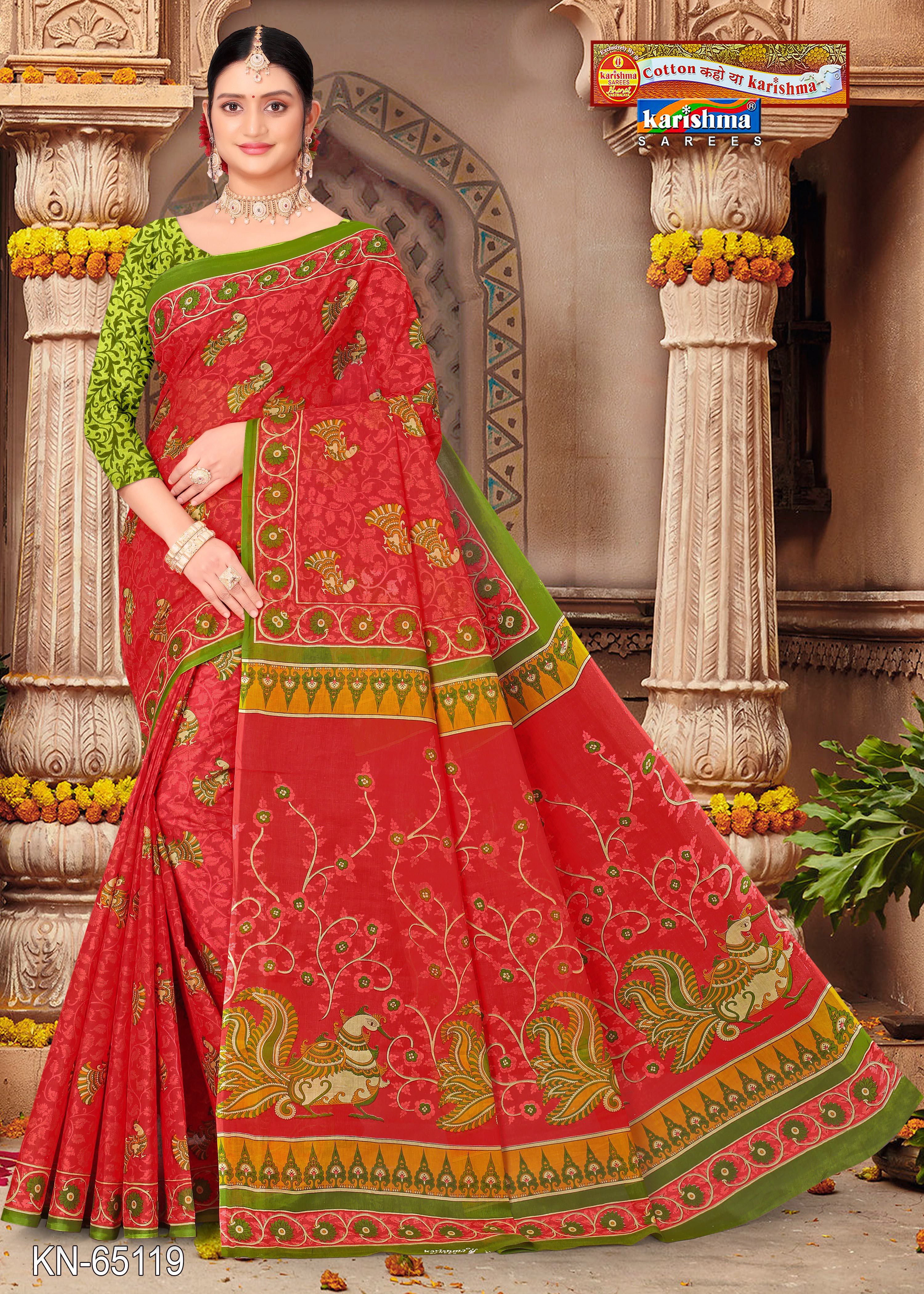 Red Pure Coton Mulmul (Stiff) Saree With Peacock Figure Print