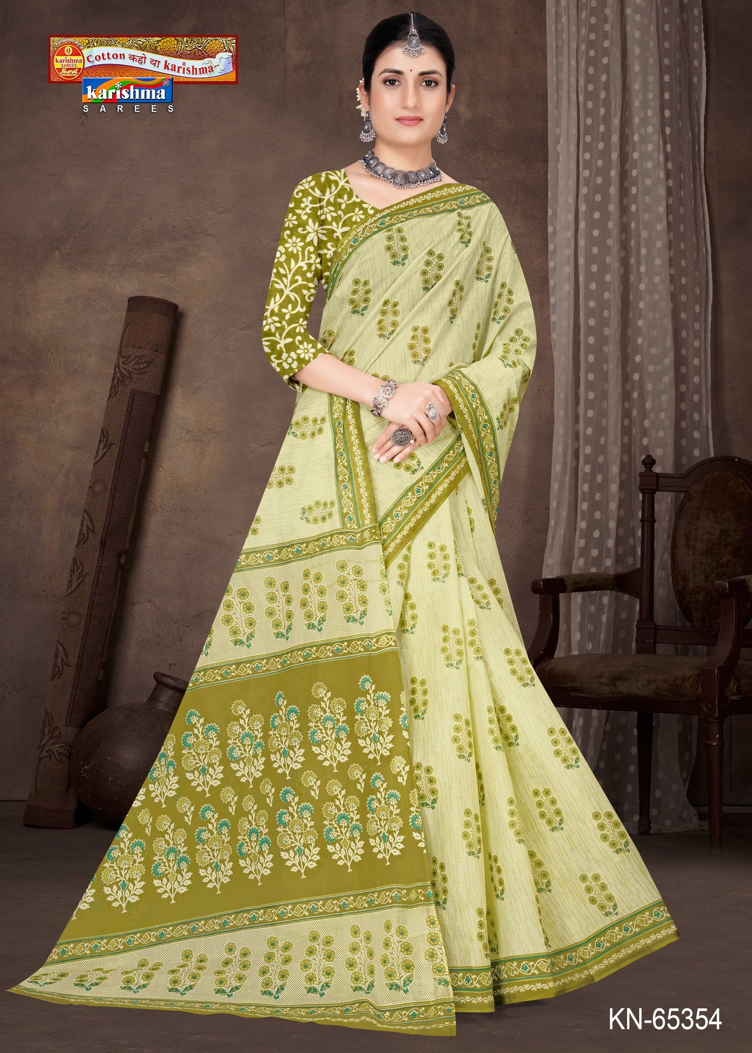 Olive Pure Cotton Mulmul (Medium Soft) Saree With Flower Print And Small Butti On Border