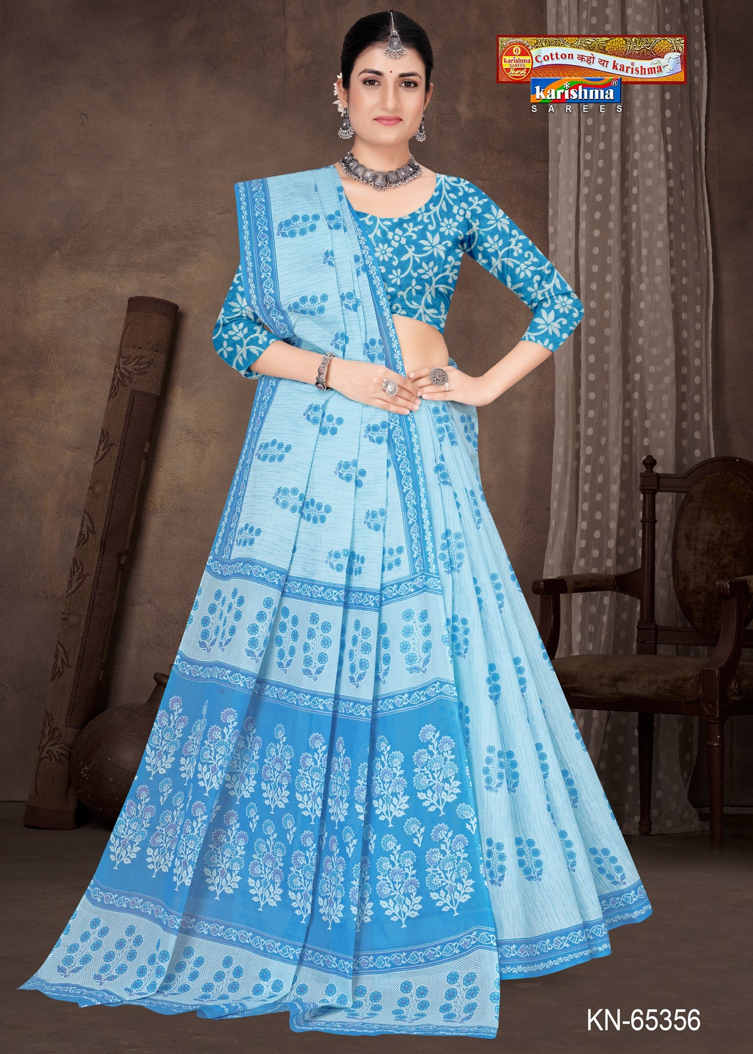 Blue Pure Cotton Mulmul (Medium Soft) Saree With Flower Print And Small Butti On Border