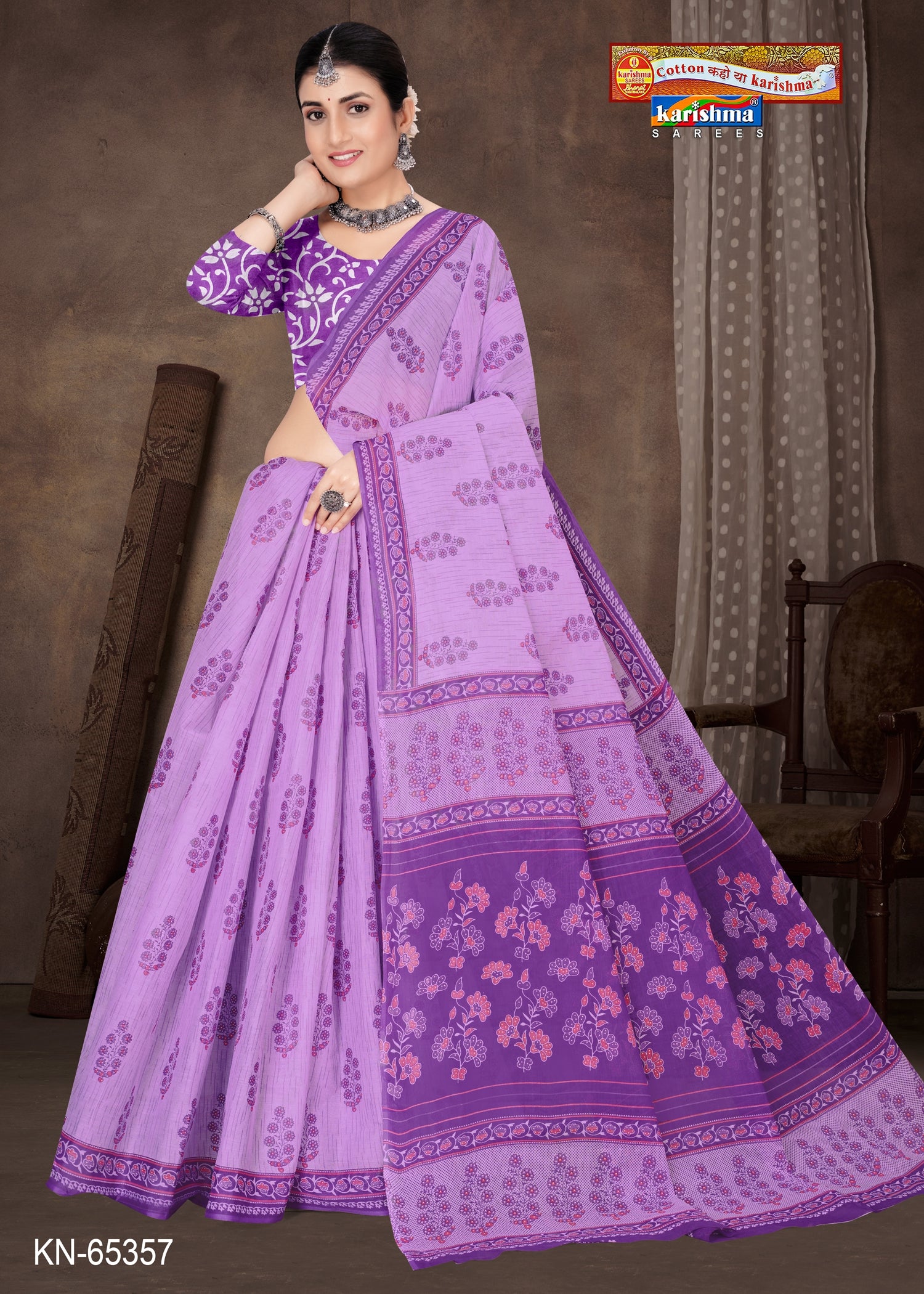 Purple Pure Cotton Mulmul (Medium Soft) Saree With Flower Print And Small Butti On Border