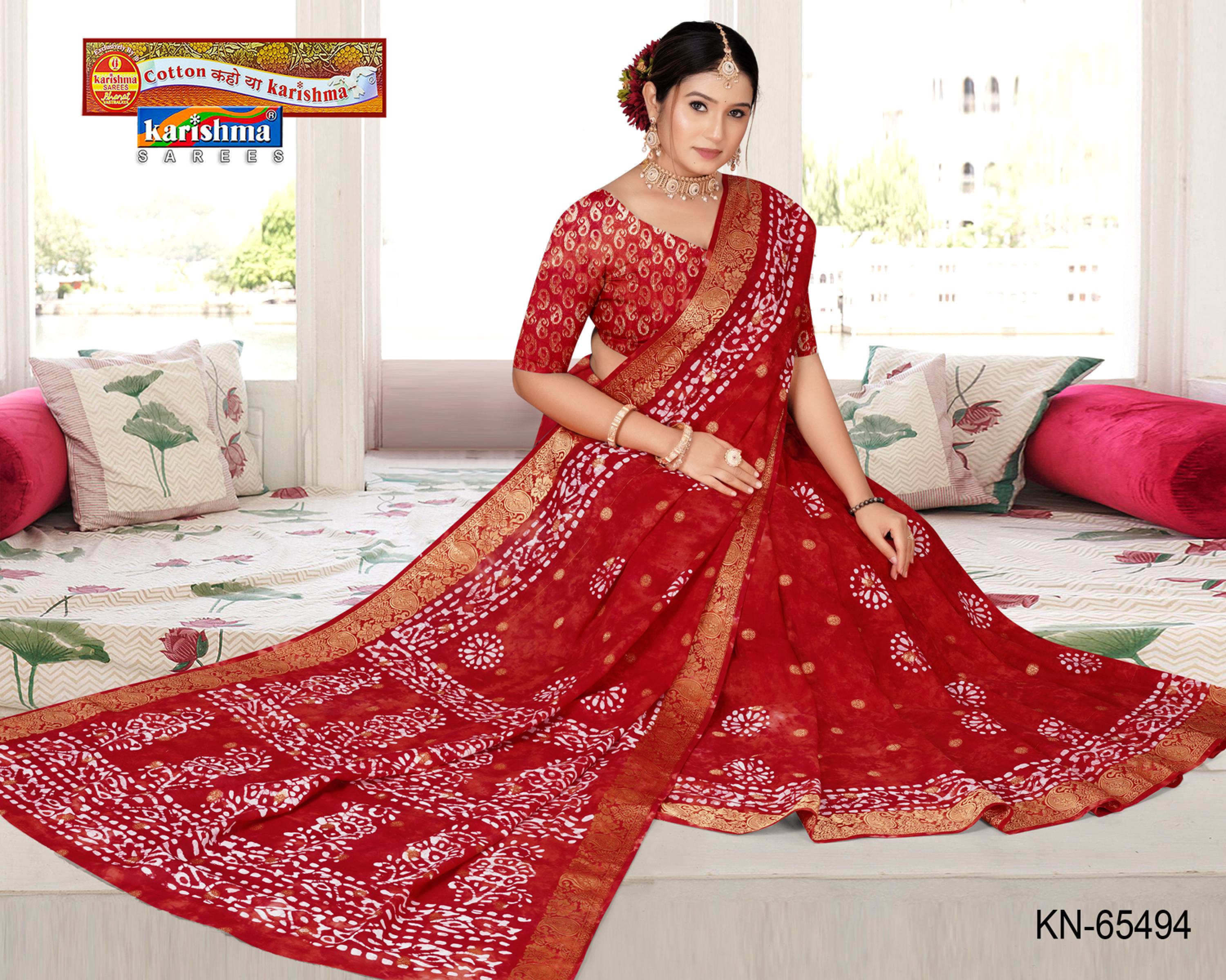 Red Pure Cotton Malai (Soft) Saree With Tie-Die Effect and Batik Print