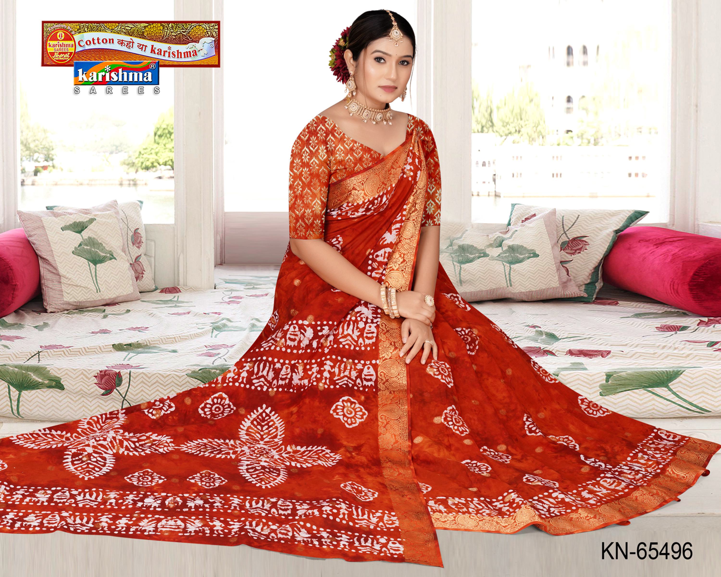 Orange Pure Cotton Malai (Soft) Saree With Tie-Die Effect and Batik Print
