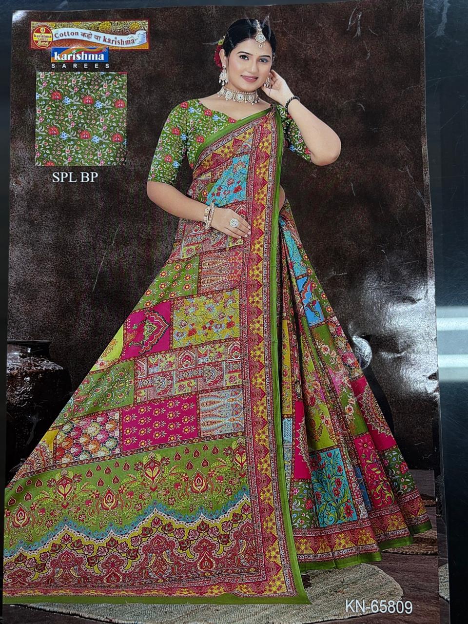 Olive Pure Cotton Malai (Soft) Saree With Traditional Print And Vibrant Colours