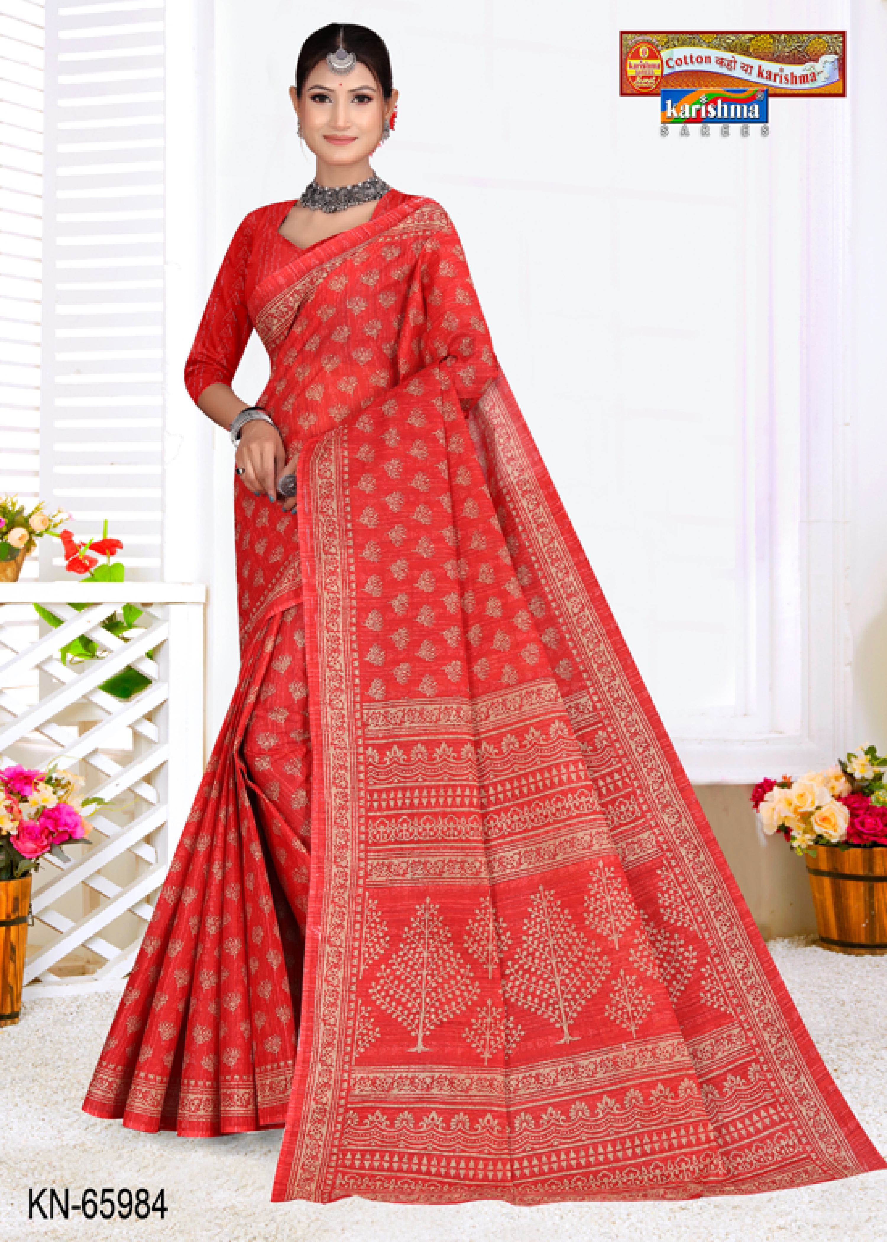 Red Pure Cotton Mulmul (stiff) Saree With Simple Design.